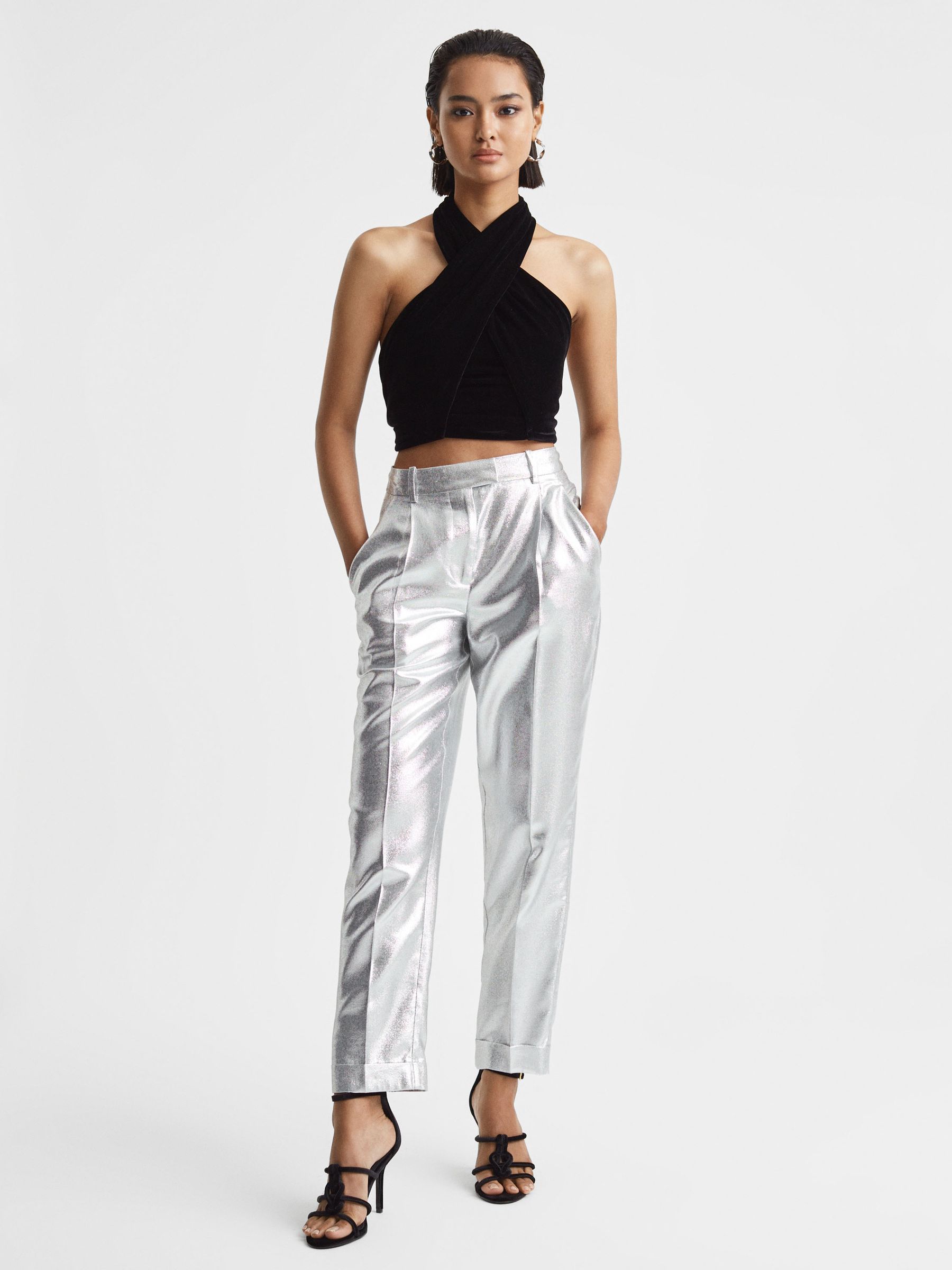 Velvet Halter Neck Cropped Top in Black - Image 3 of 4