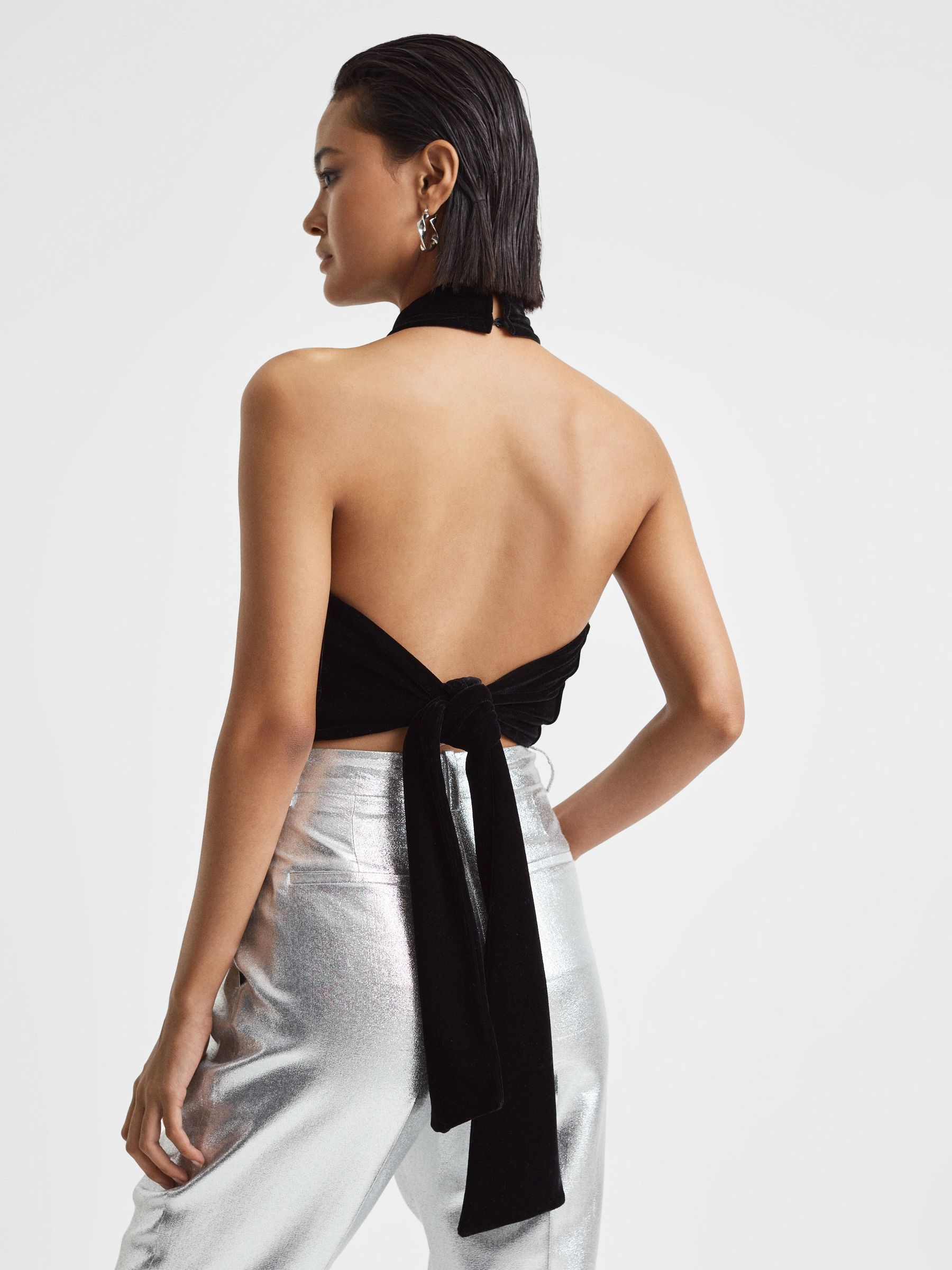 Velvet Halter Neck Cropped Top in Black - Image 4 of 4