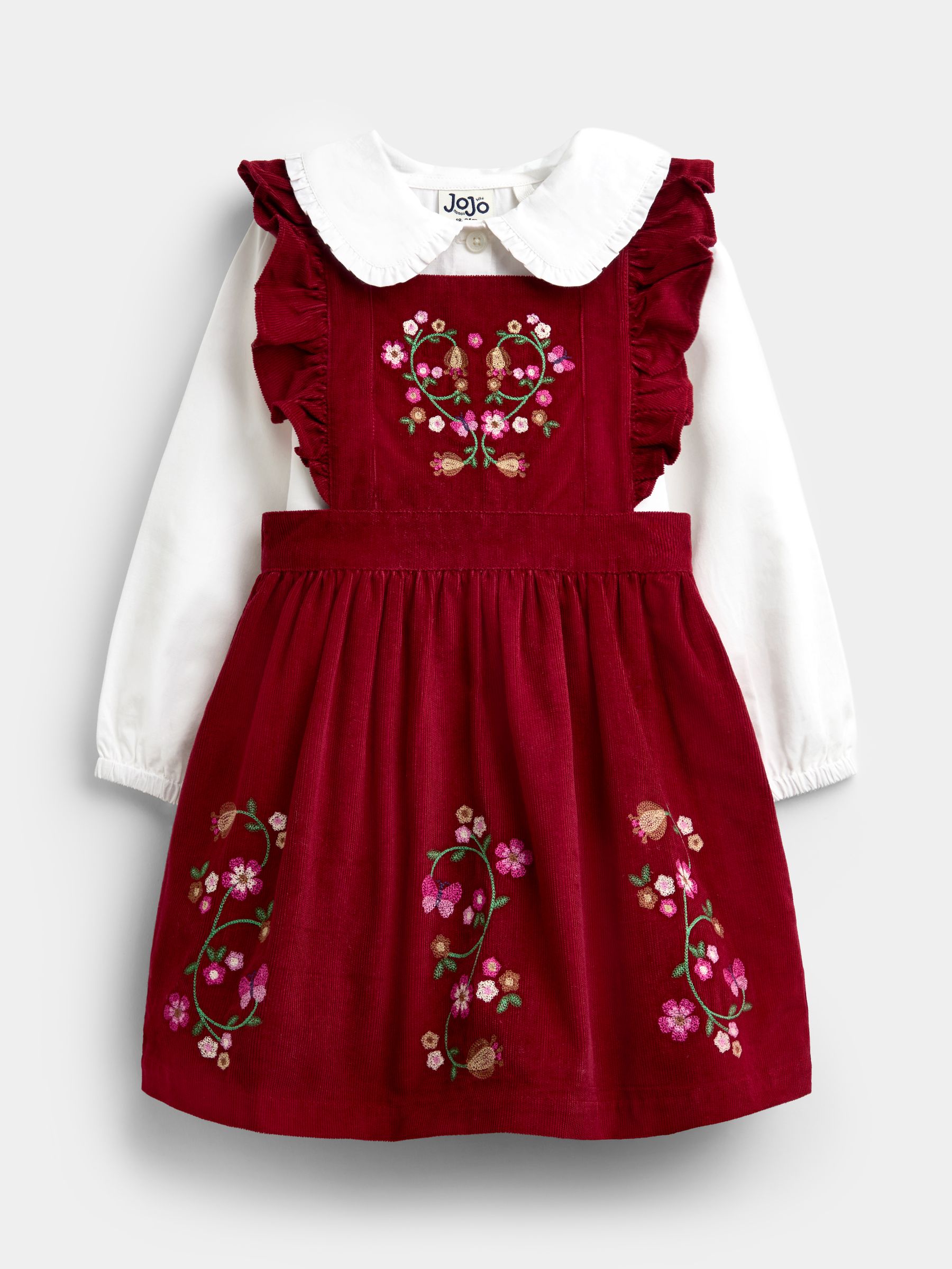 Burgundy Red Floral Embroidered Pinny Dress & Collar Blouse - Image 1 of 7