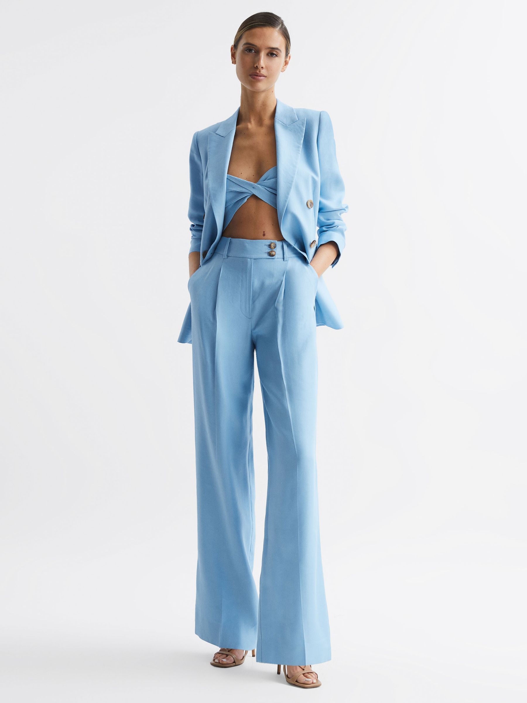 Petite Wide Leg Linen Trousers in Blue - Image 1 of 8
