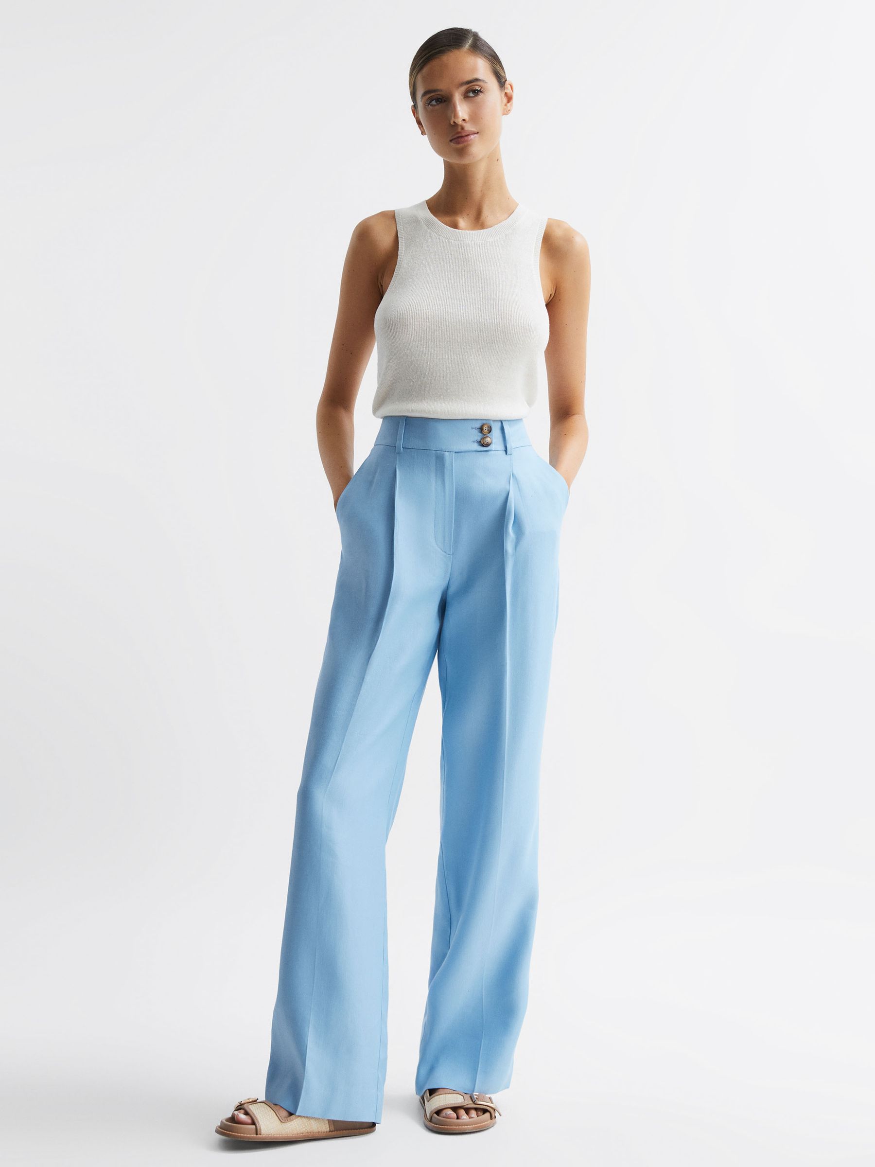 Petite Wide Leg Linen Trousers in Blue - Image 3 of 8