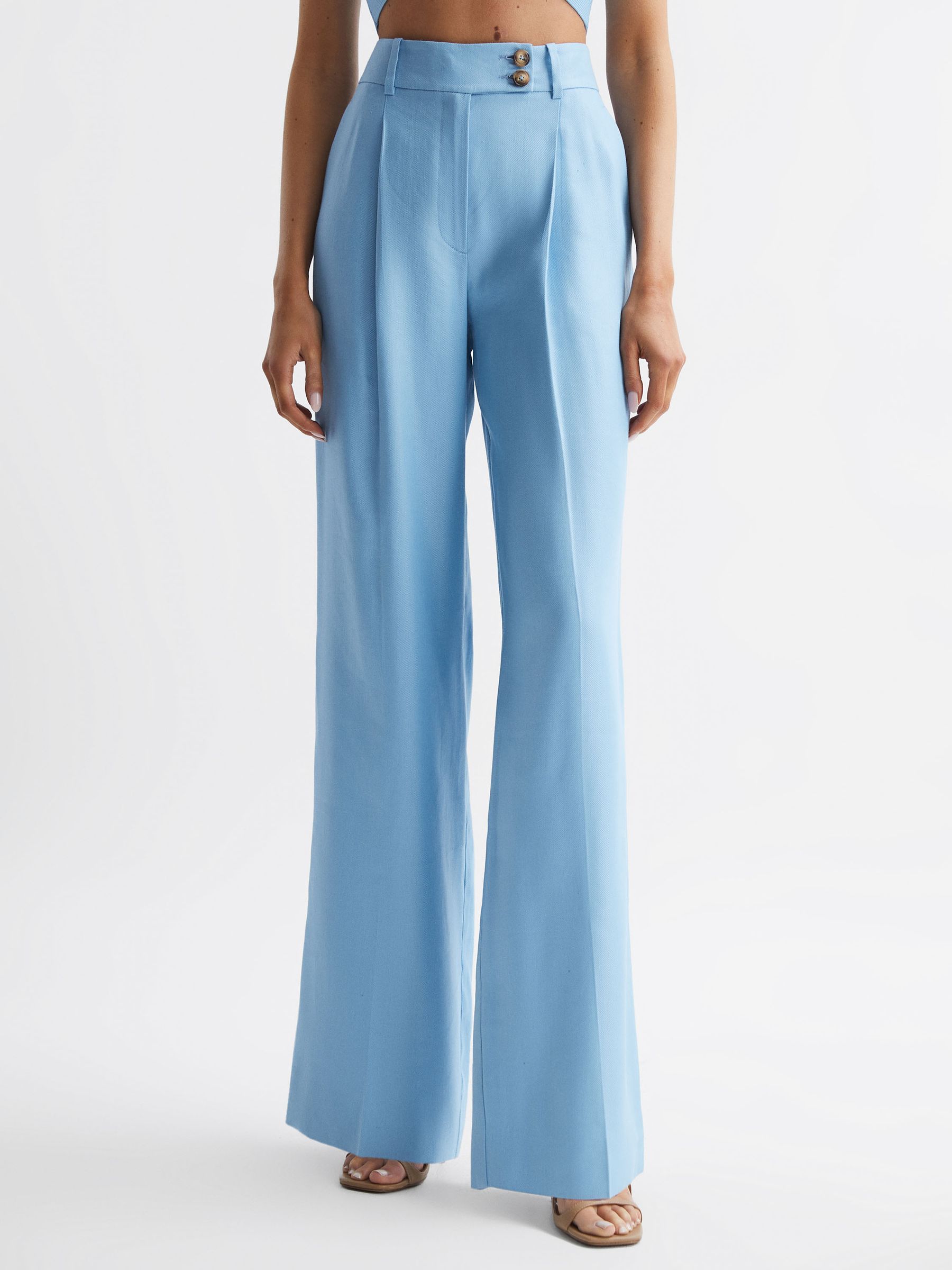 Petite Wide Leg Linen Trousers in Blue - Image 4 of 8
