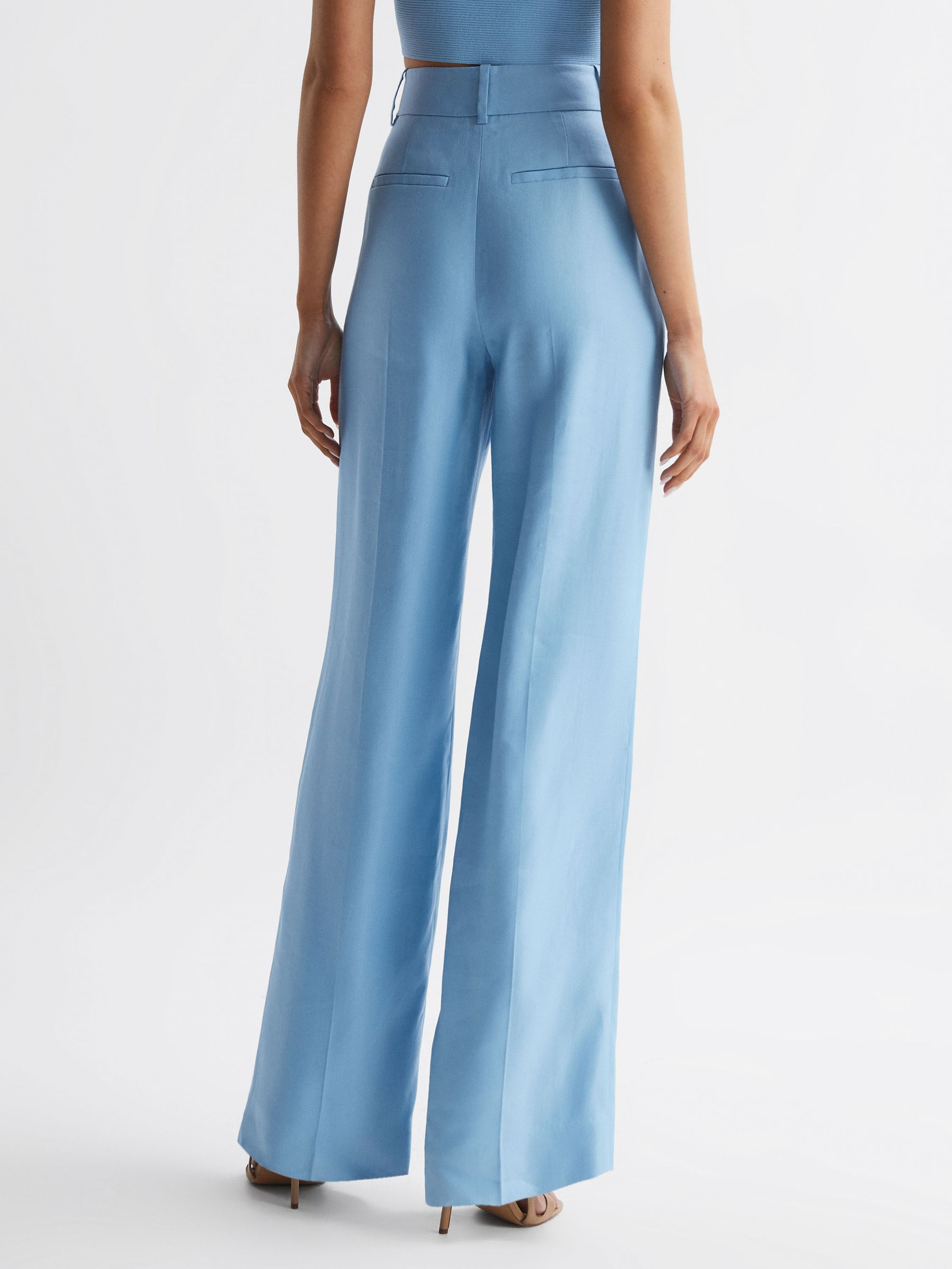 Petite Wide Leg Linen Trousers in Blue - Image 5 of 8