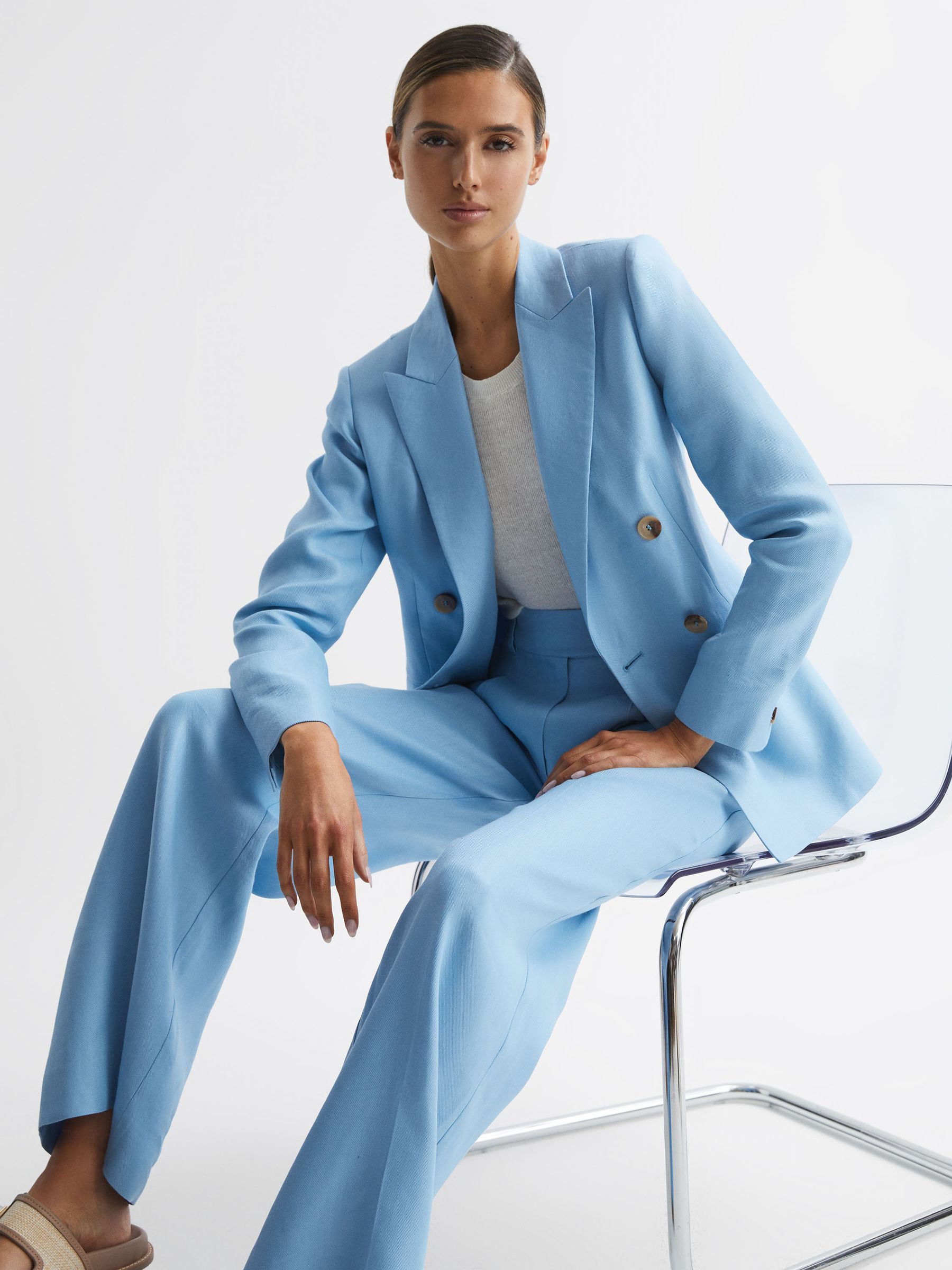 Petite Wide Leg Linen Trousers in Blue - Image 6 of 8