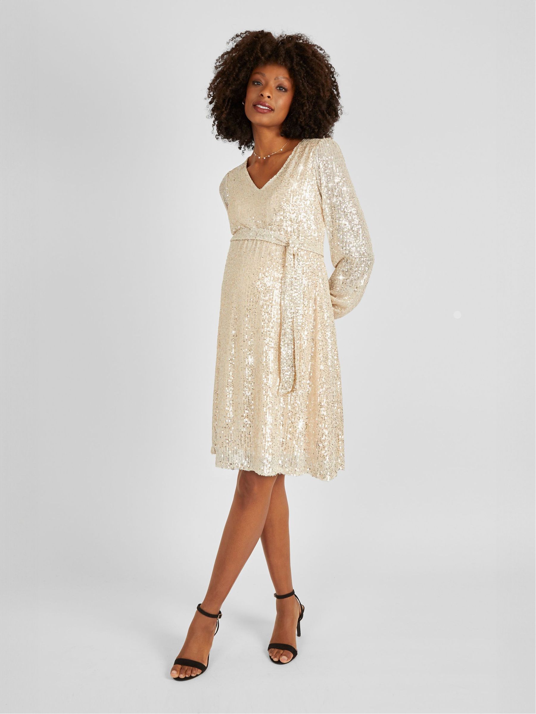 what color shoes to wear with metallic gold dress Zapakasa Women Sparkly Gold Metallic Long Formal Dress with Sleeves Sheath  Ruched V-Neck Holiday Party Dress with Slit main image 1