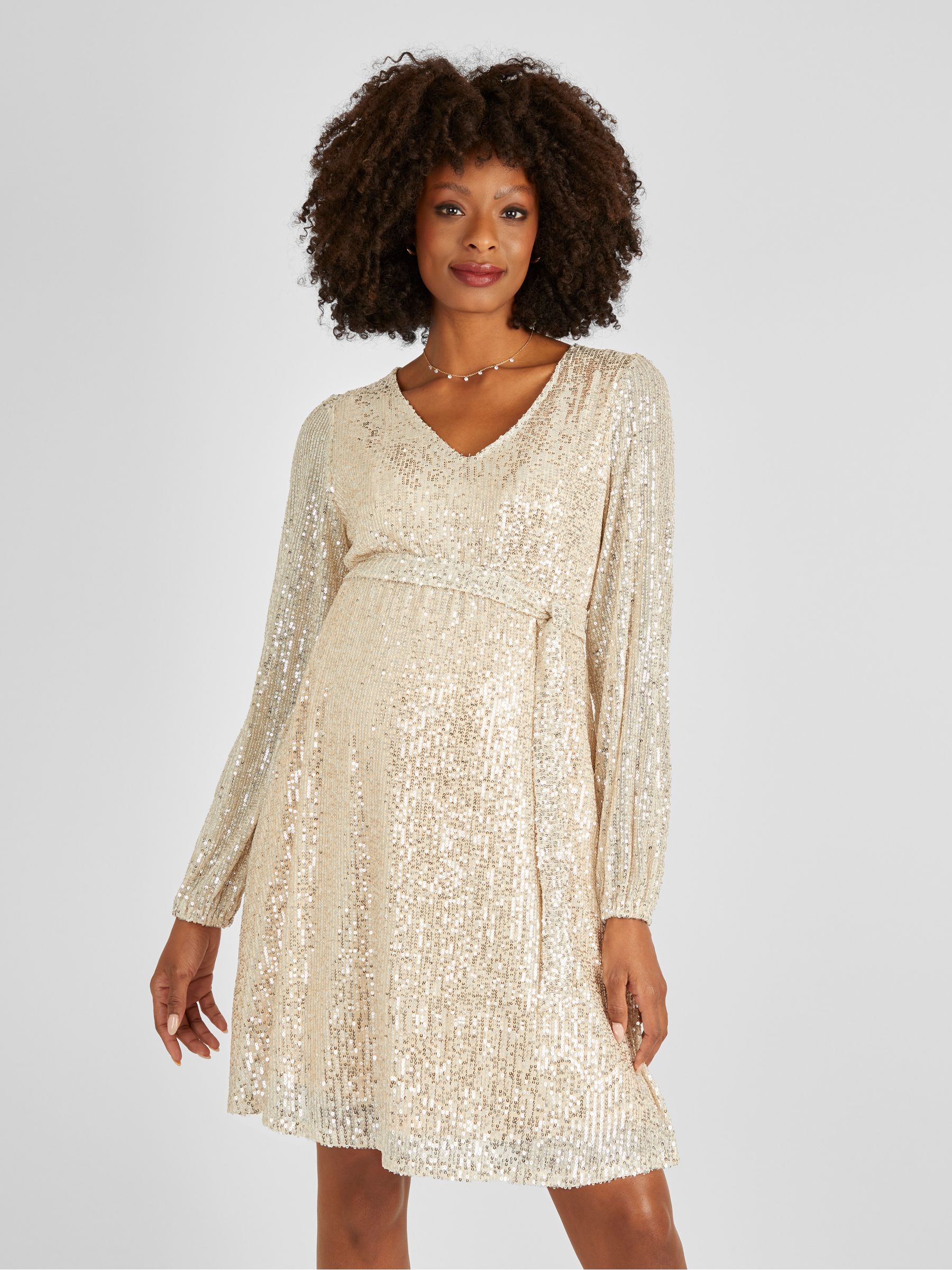 Champagne Gold Sequin V-Neck Maternity Mini Dress - Image 2 of 5