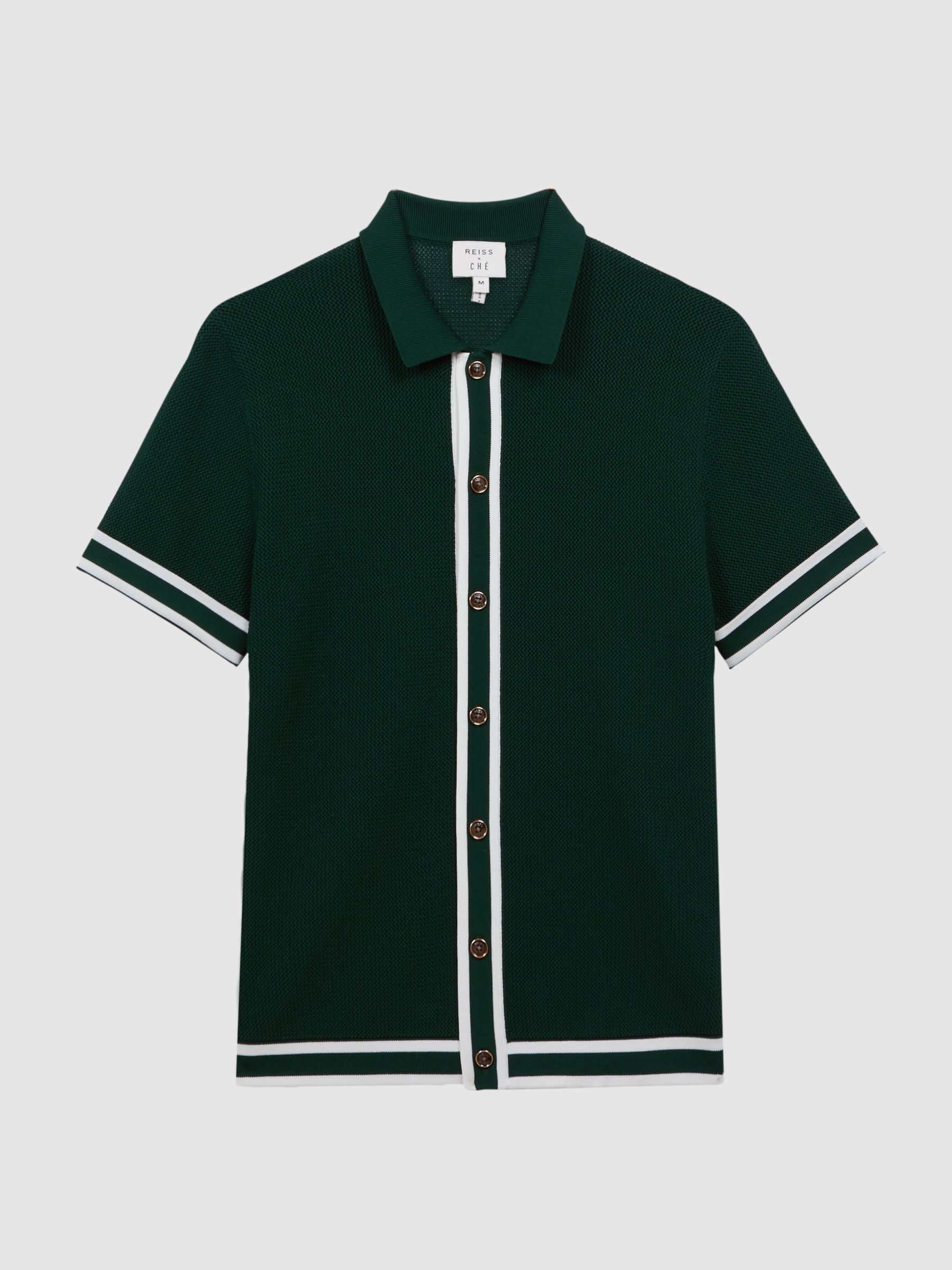 Reiss | Ché Knitted Button Through T-Shirt in Dark Green - Image 2 of 6
