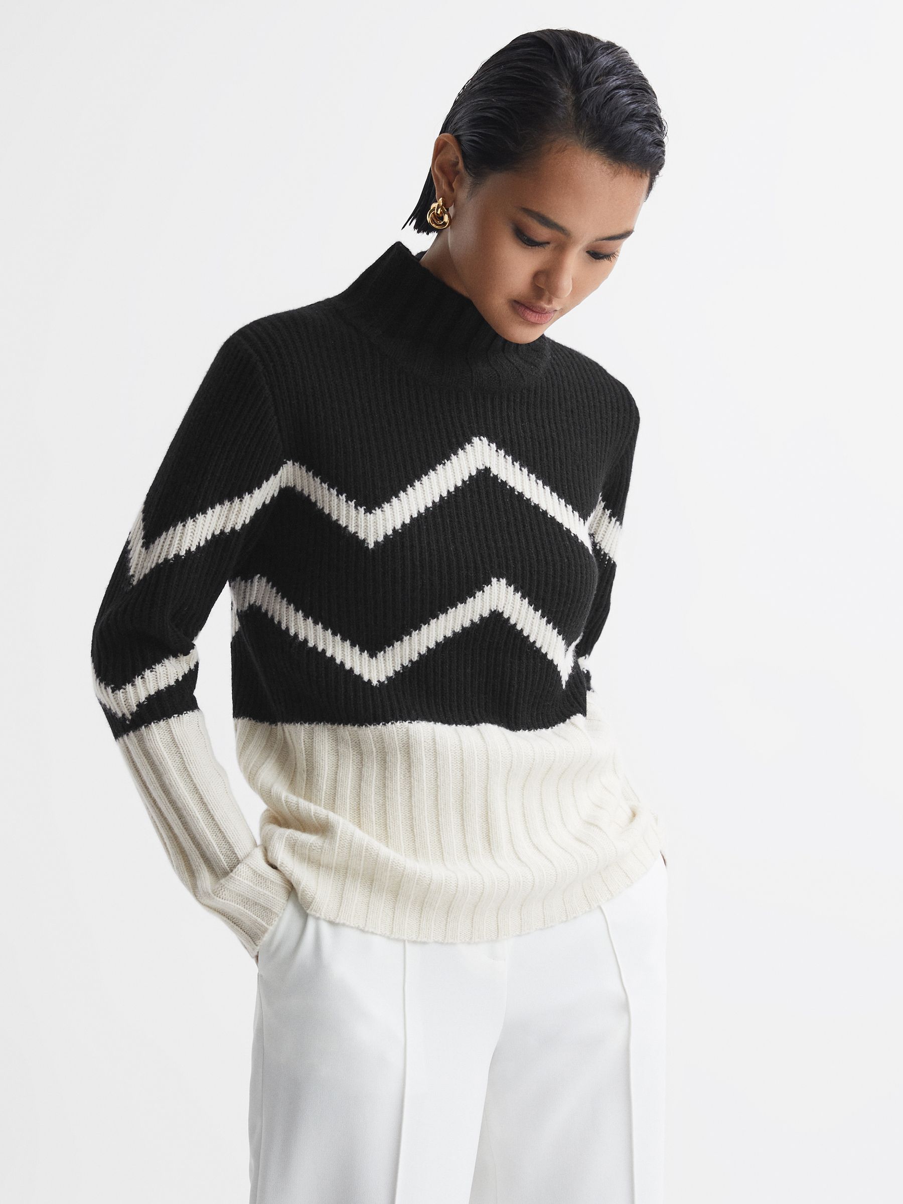 Knitted Zig-Zag Jumper in Ivory/Black - Image 1 of 5