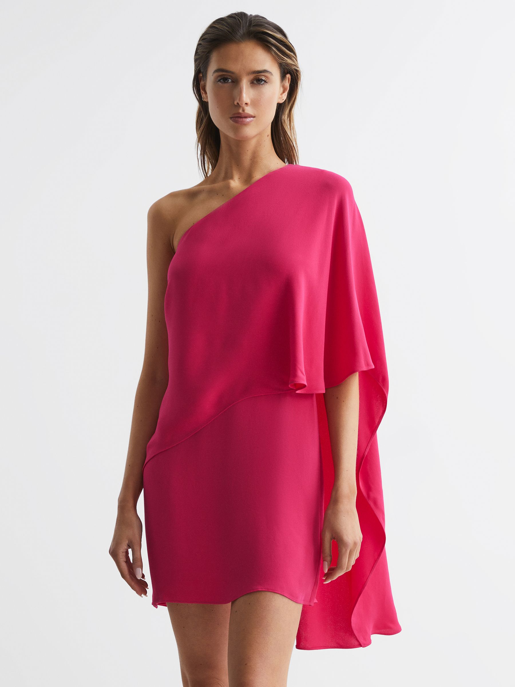 One Shoulder Cape Mini Dress in Bright Pink - Image 1 of 6