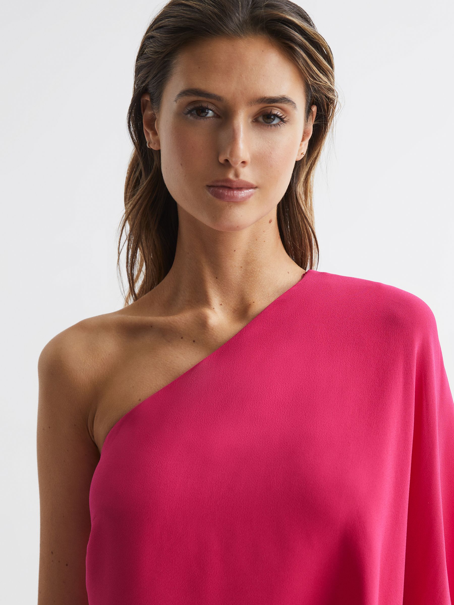 One Shoulder Cape Mini Dress in Bright Pink - Image 4 of 6