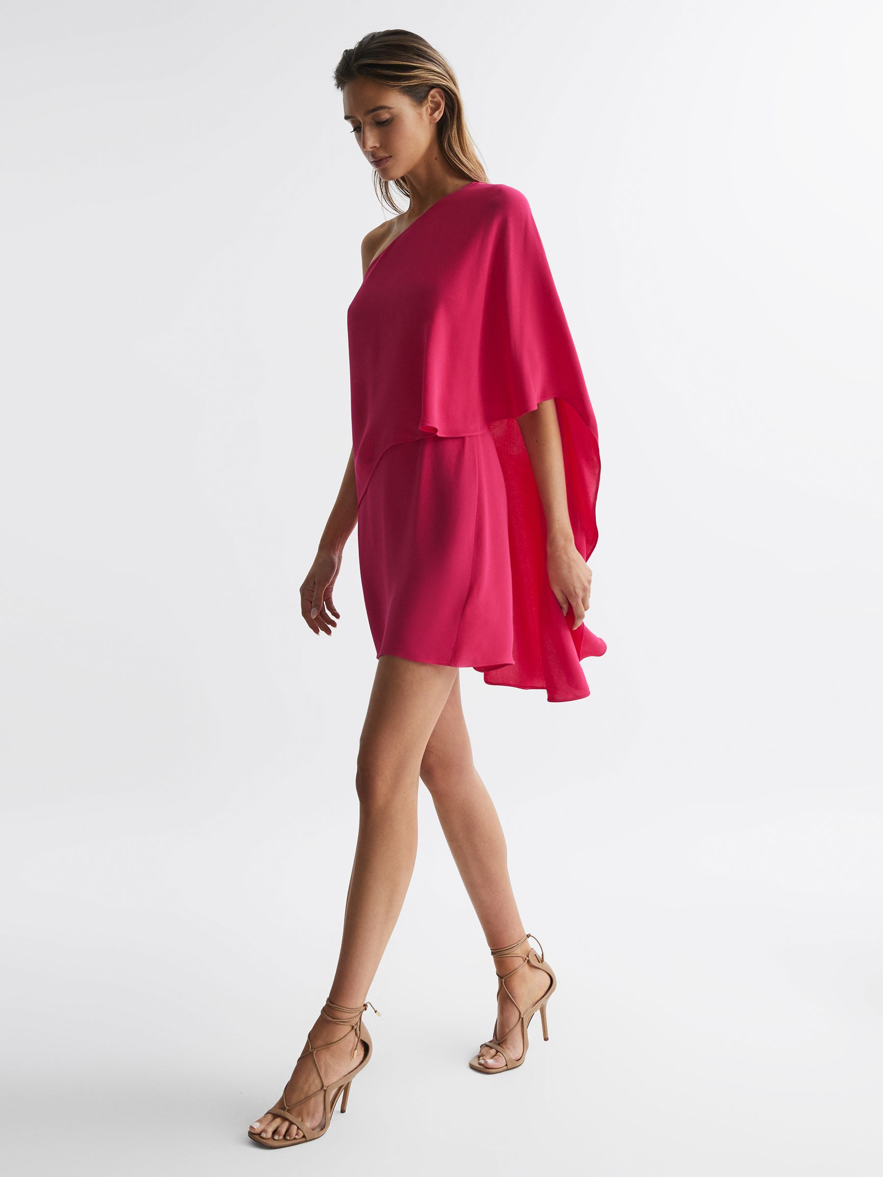 One Shoulder Cape Mini Dress in Bright Pink - Image 6 of 6