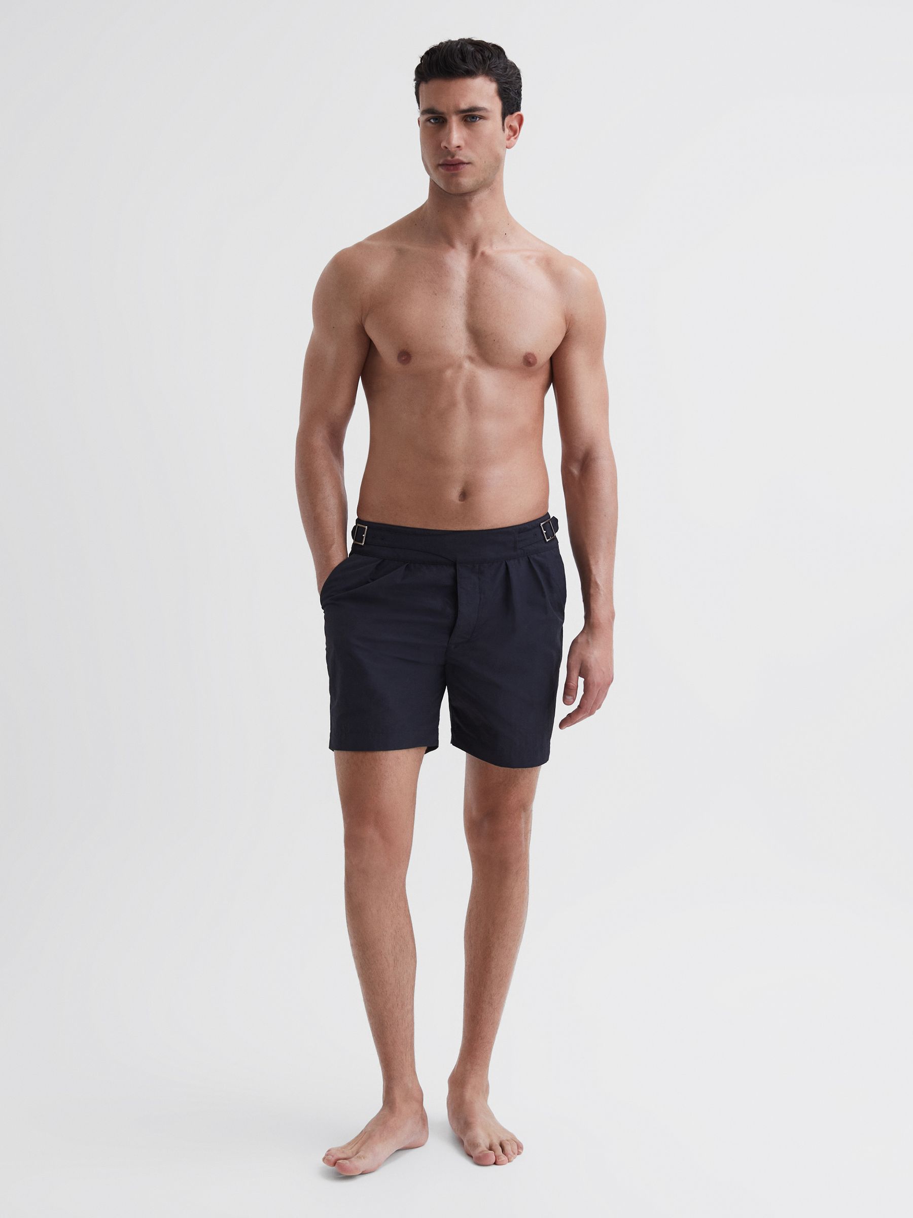 Hemingsworth Front Pleat Swim Shorts in Navy - Image 1 of 5