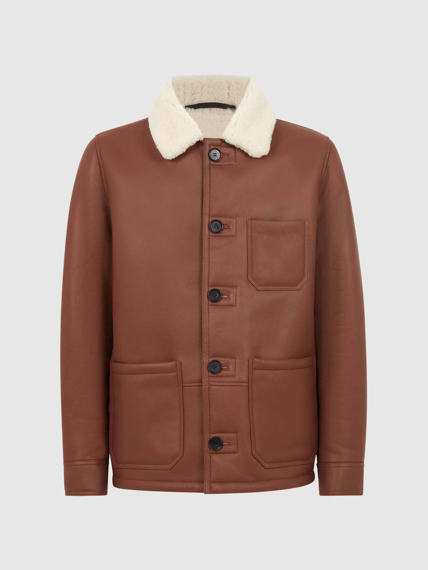 Leather Shearling Button-Through Jacket in Brown - Image 2 of 6