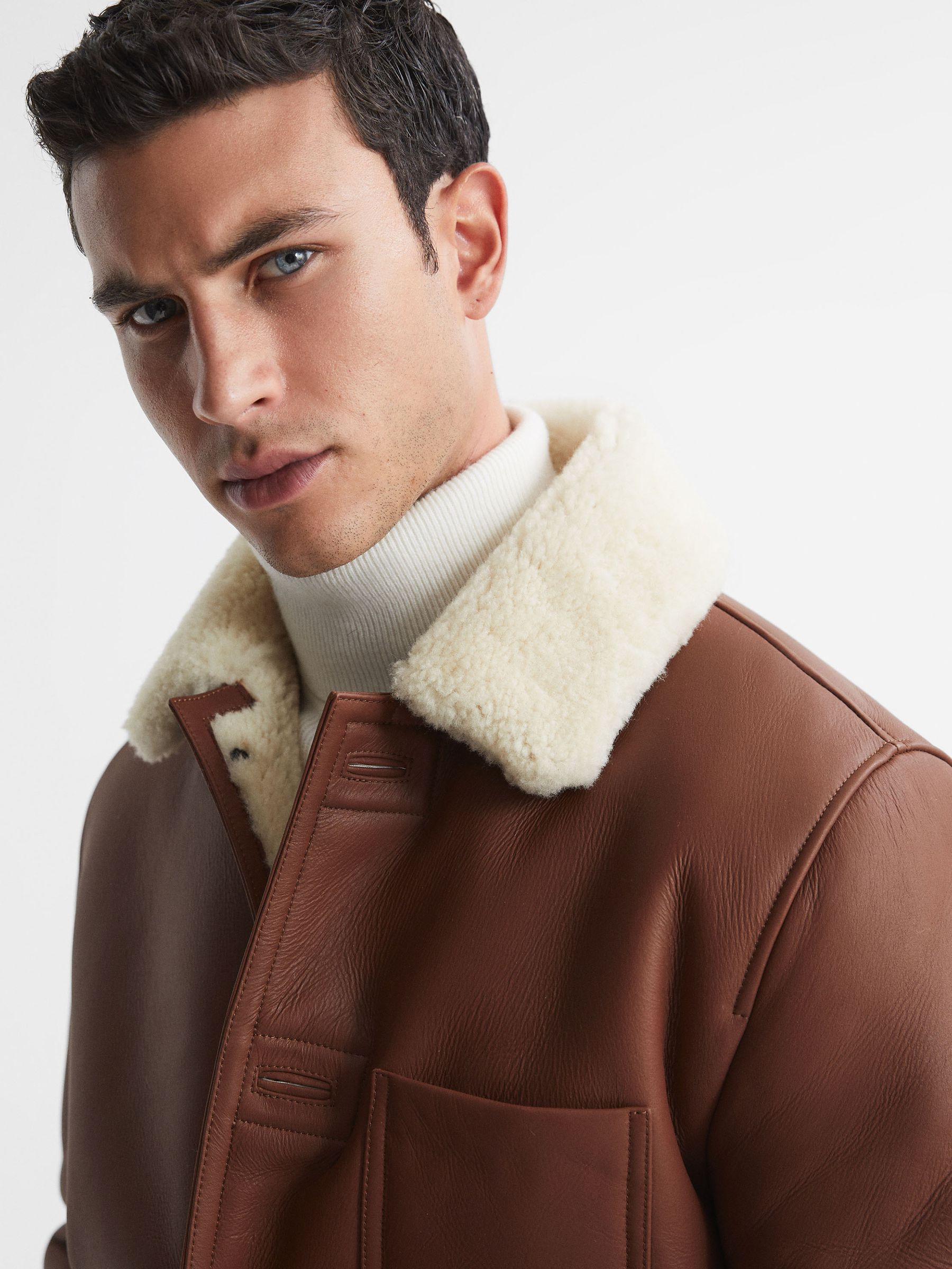 Leather Shearling Button-Through Jacket in Brown - Image 5 of 6