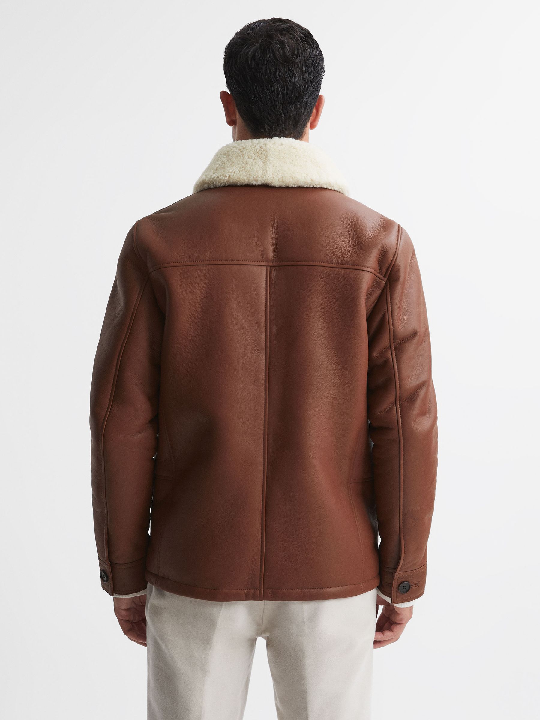 Leather Shearling Button-Through Jacket in Brown - Image 6 of 6