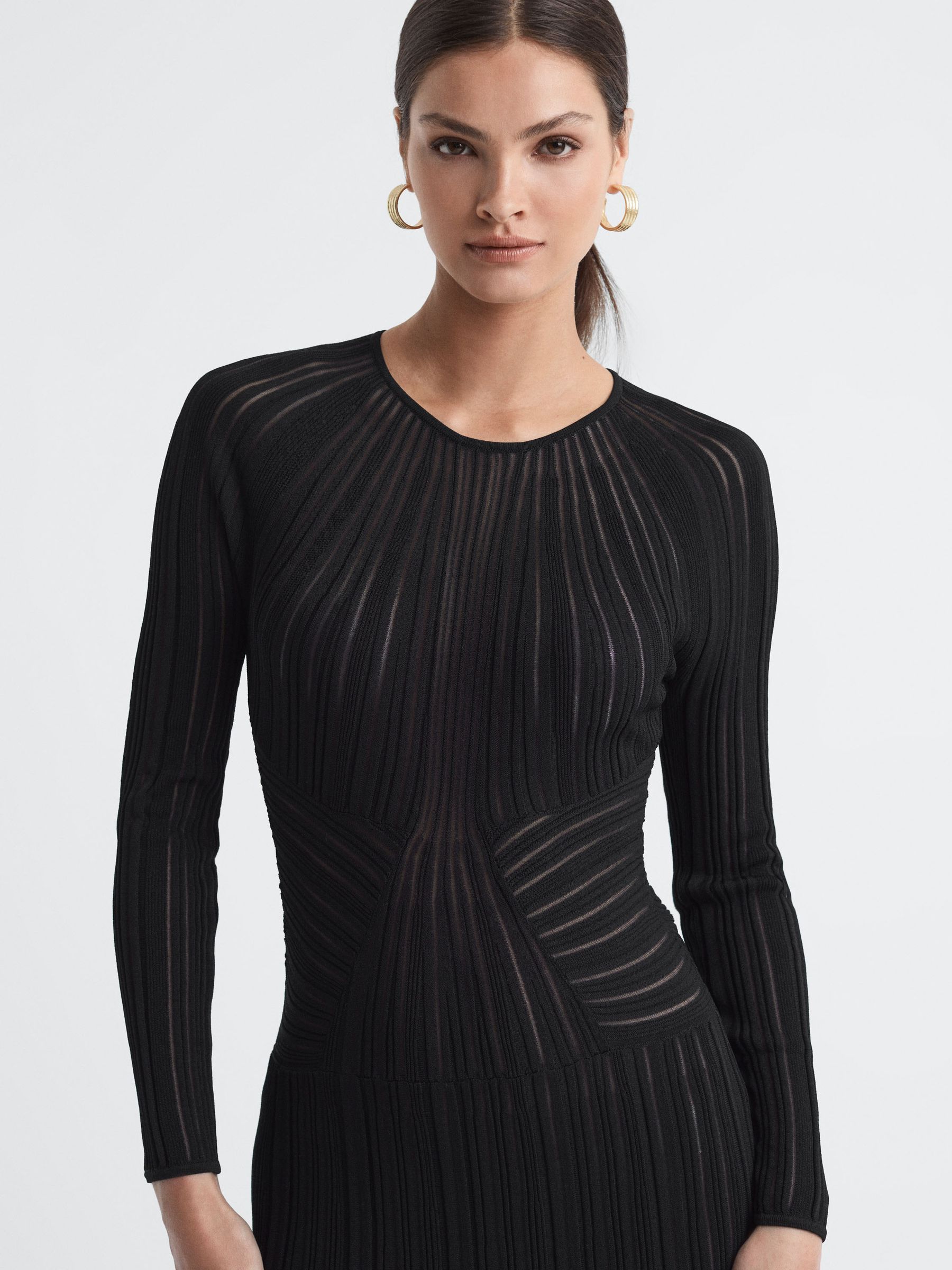Sheer Striped Bodycon Midi Dress in Black - Image 3 of 5
