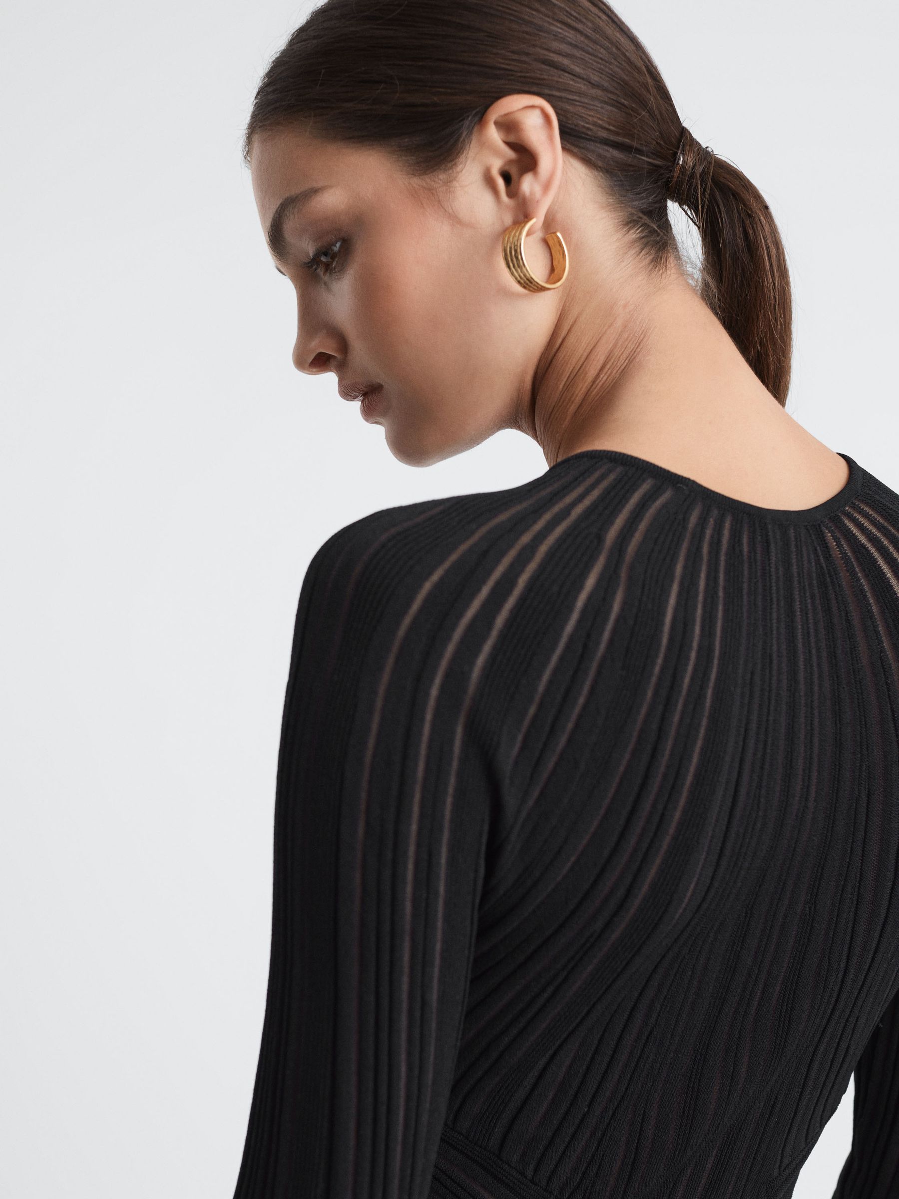 Sheer Striped Bodycon Midi Dress in Black - Image 4 of 5