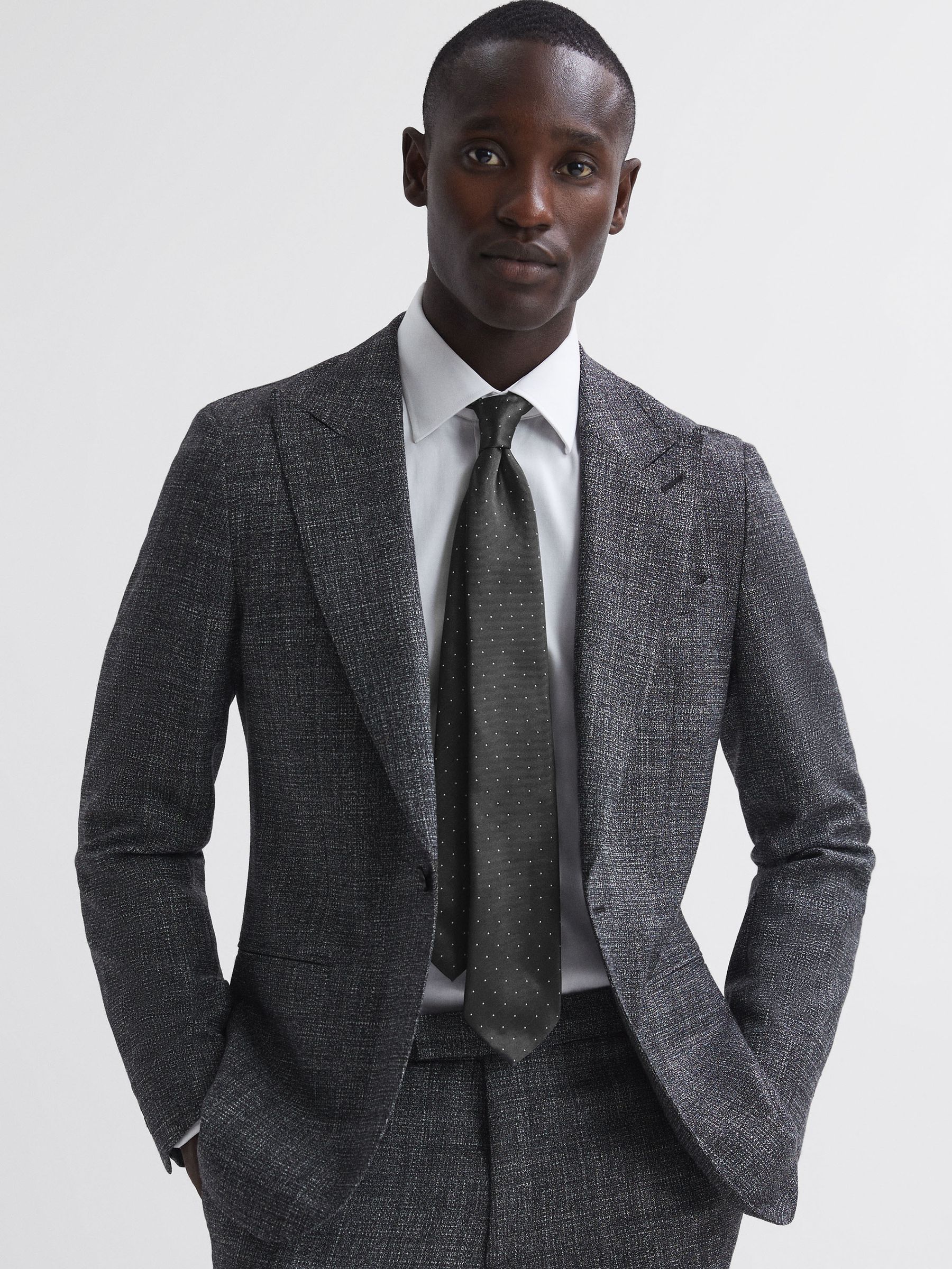 Polka Dot Silk Tie in Charcoal - Image 2 of 5 Polka Dot Silk Tie in Charcoal - Image 2 of 5