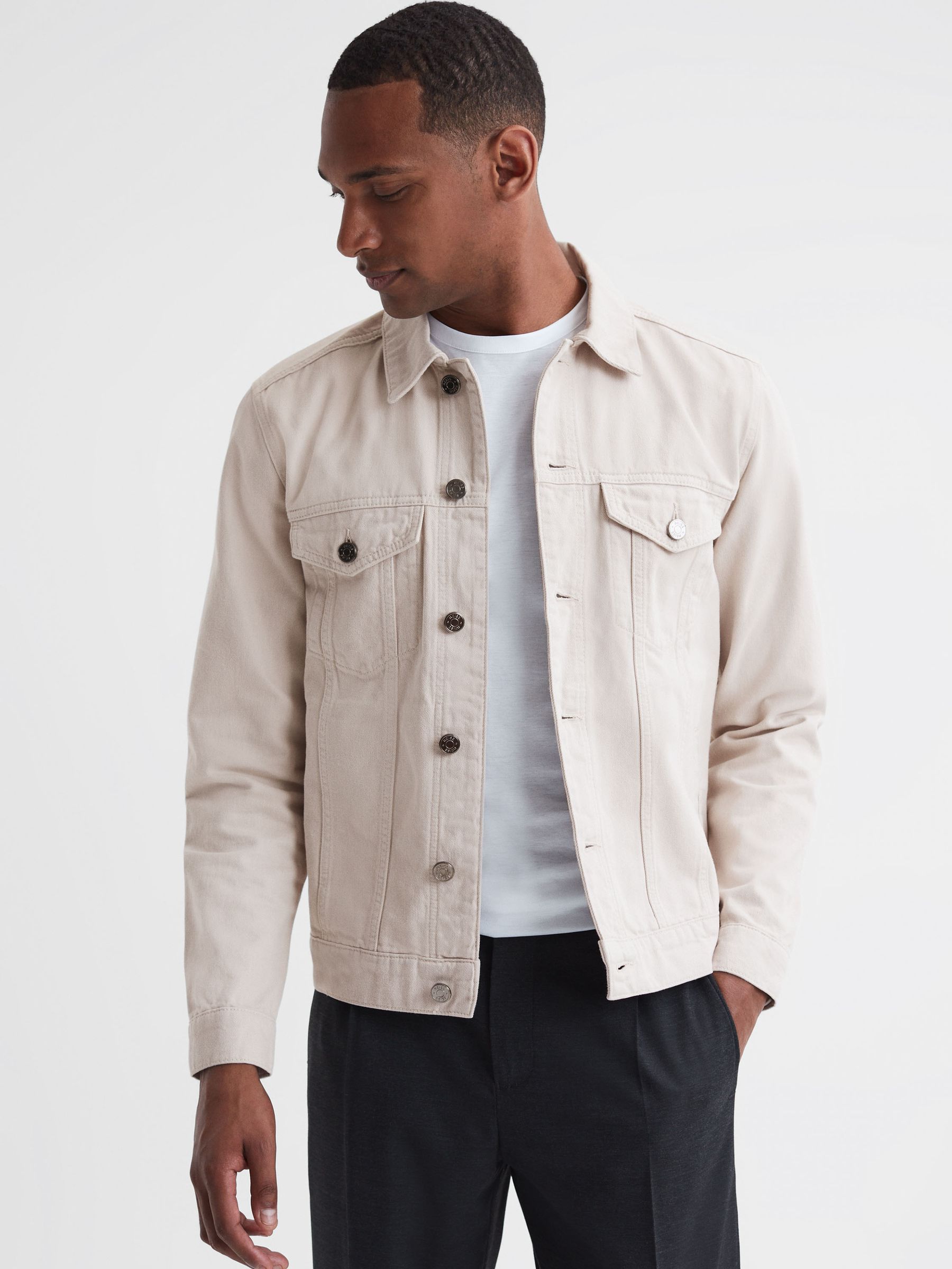 Button-Through Denim Overshirt in Beige - Image 3 of 4