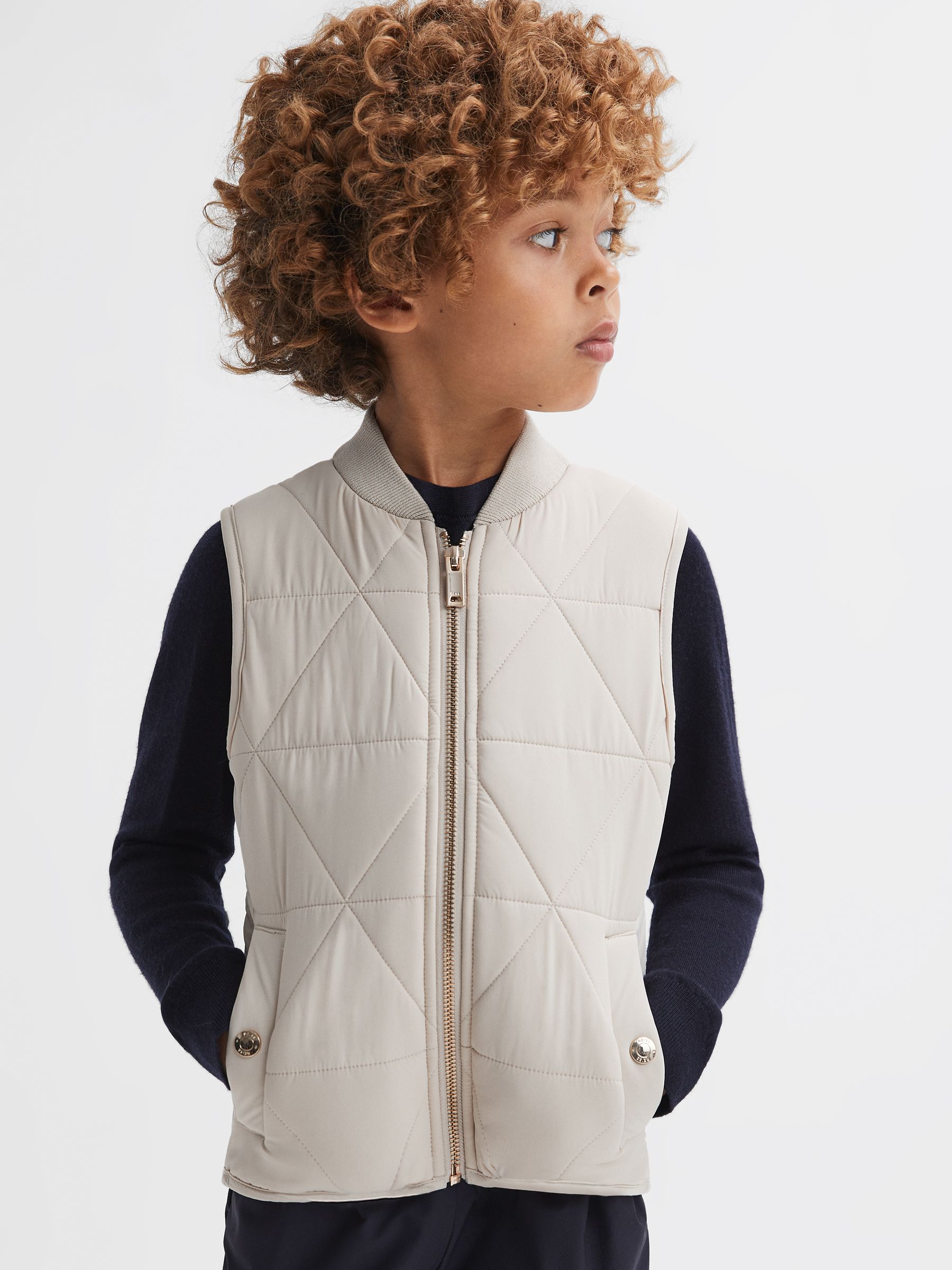 Junior Hybrid Knitted-Quilted Gilet in Stone - Image 1 of 5