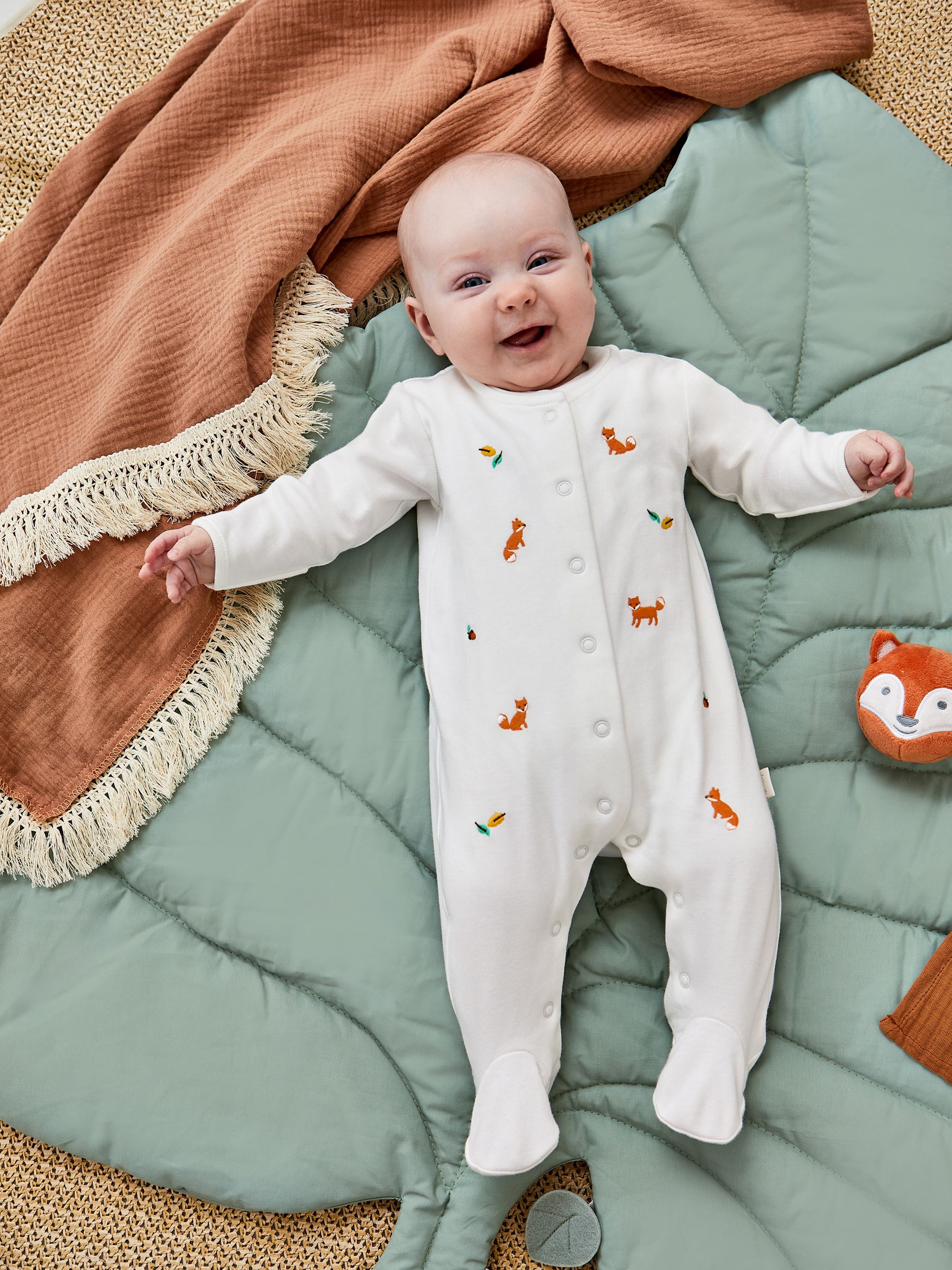 White Fox Embroidered Cotton Baby Sleepsuit - Image 1 of 4