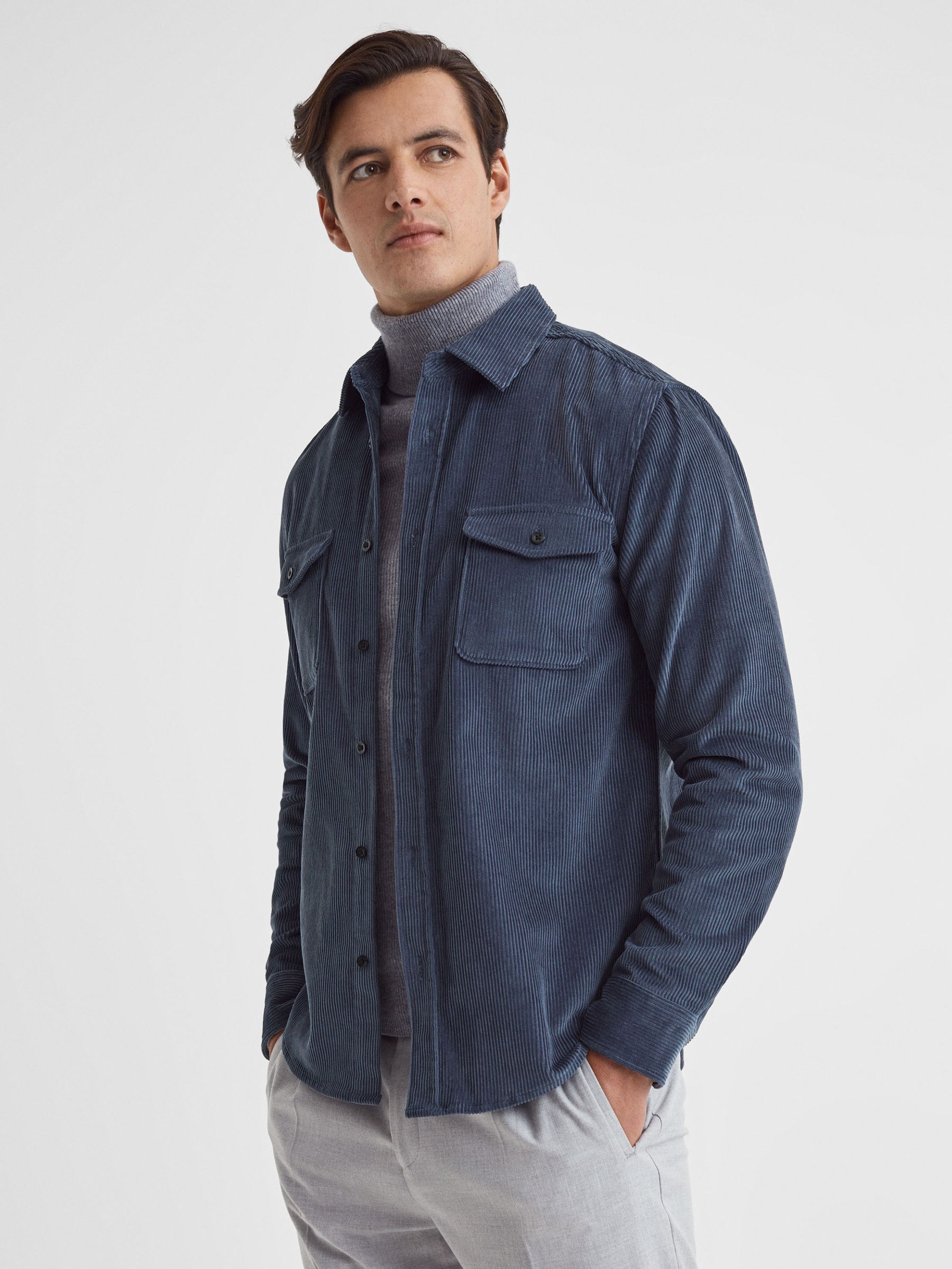 Corduroy Twin Pocket Overshirt in Dark Airforce - Image 1 of 5