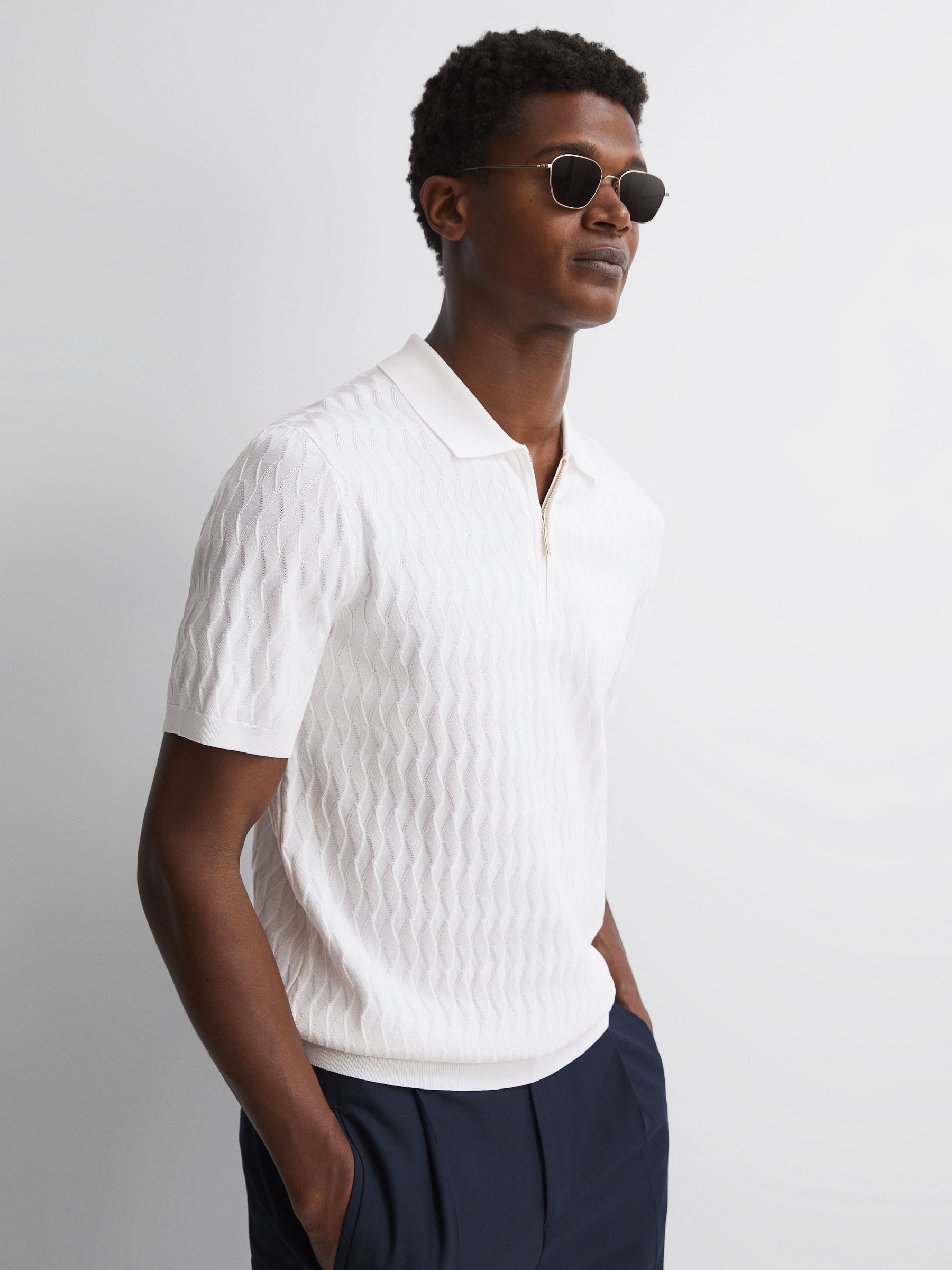 Reiss | Ché Textured Half-Zip Polo Shirt in Ecru - Image 1 of 5 Reiss | Ché Textured Half-Zip Polo Shirt in Ecru - Image 1 of 5