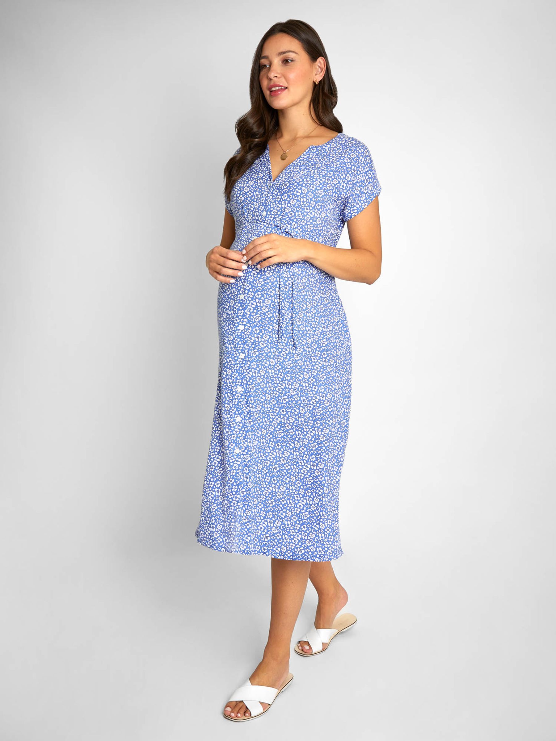 Blue Animal Print Button Through V-Neck Maternity Midi Dress - Image 3 of 8