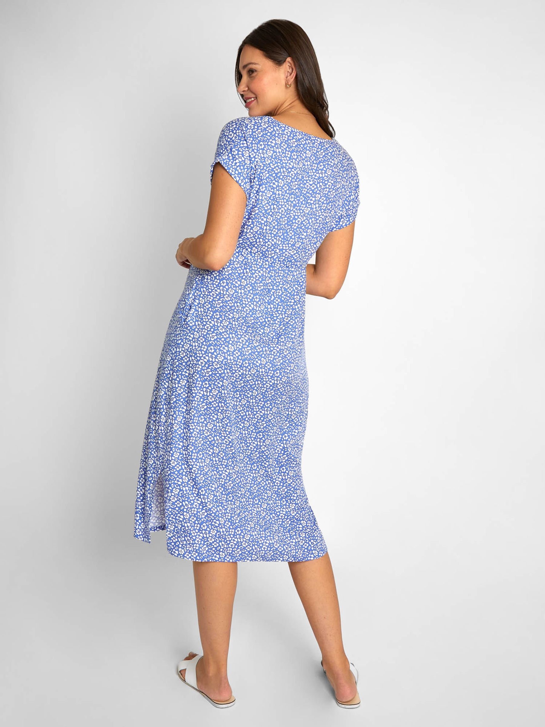 Blue Animal Print Button Through V-Neck Maternity Midi Dress - Image 4 of 8