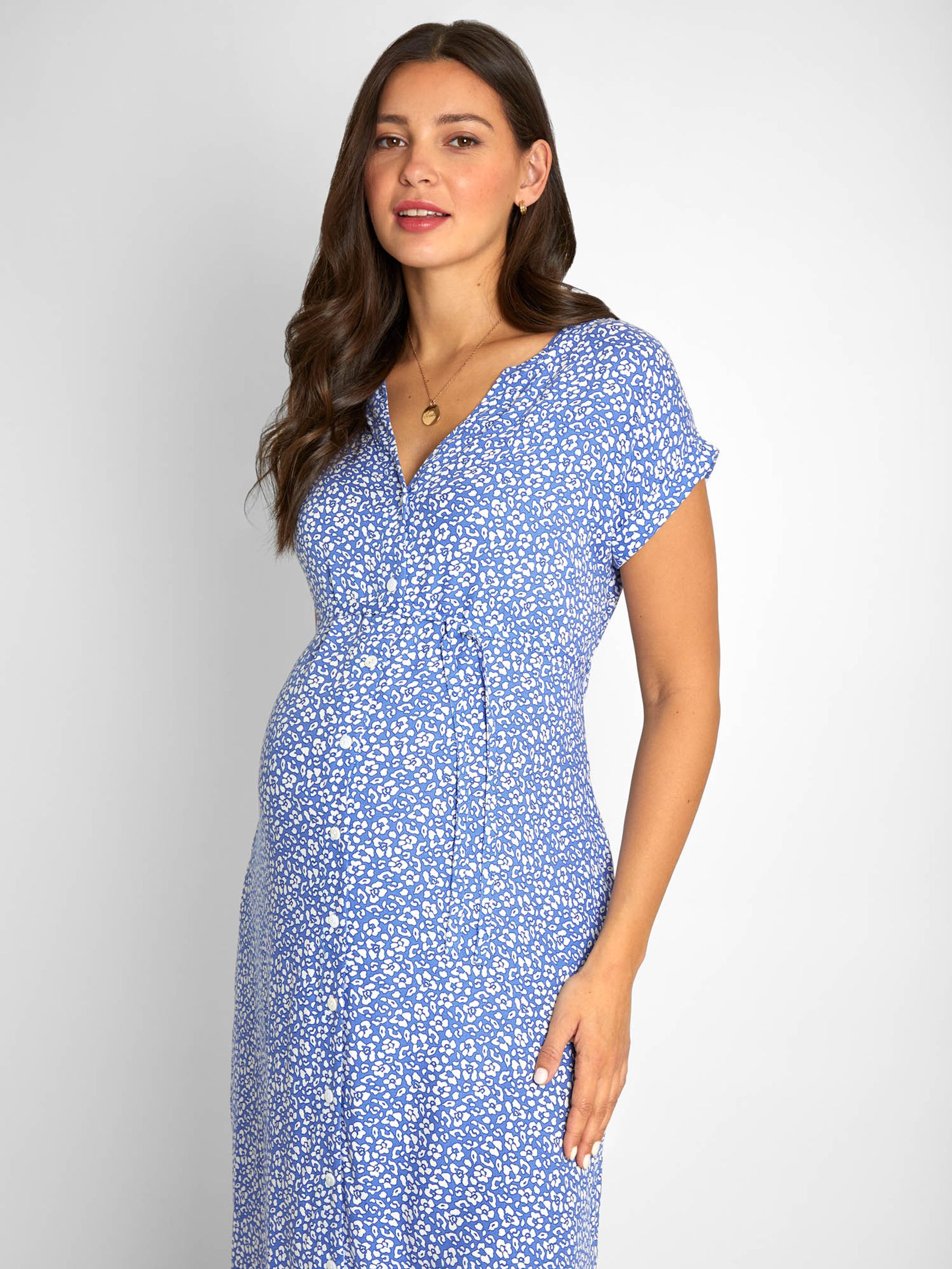 Blue Animal Print Button Through V-Neck Maternity Midi Dress - Image 5 of 8