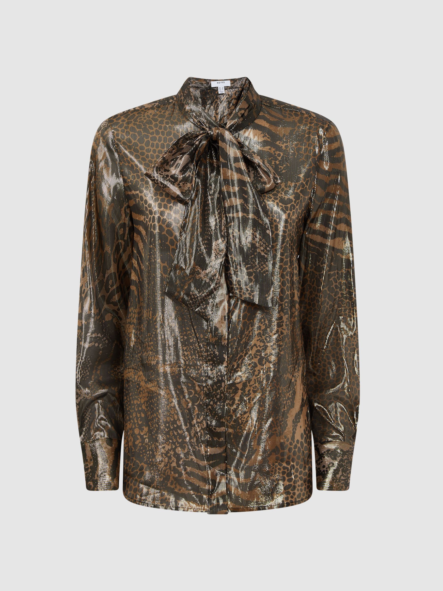 Metallic Animal Print Tie Neck Blouse in Gold - Image 2 of 4