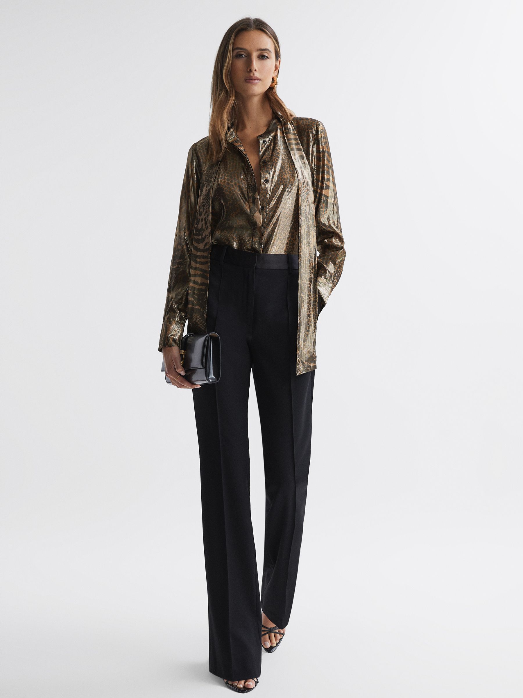 Metallic Animal Print Tie Neck Blouse in Gold - Image 3 of 4