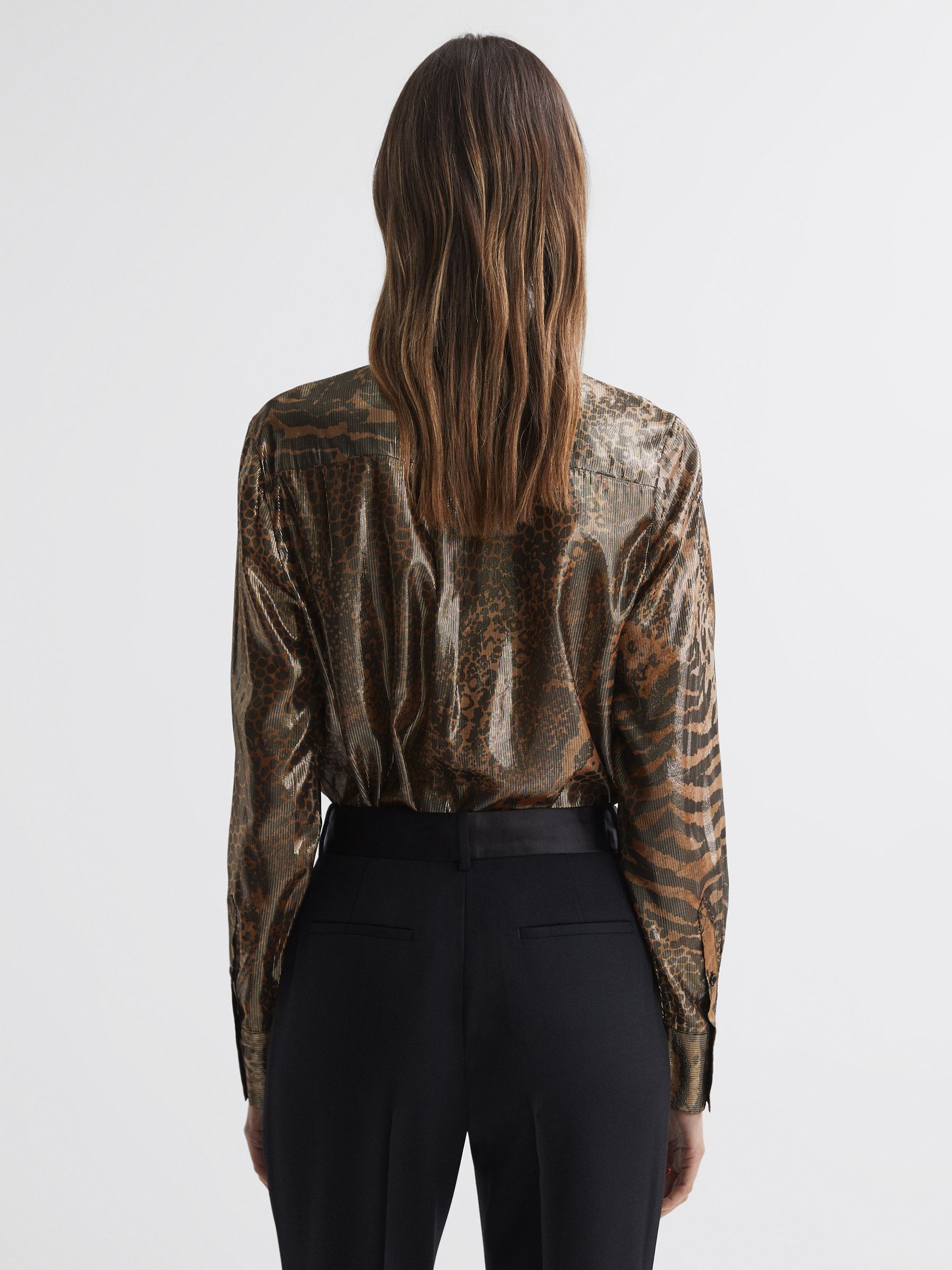 Metallic Animal Print Tie Neck Blouse in Gold - Image 4 of 4