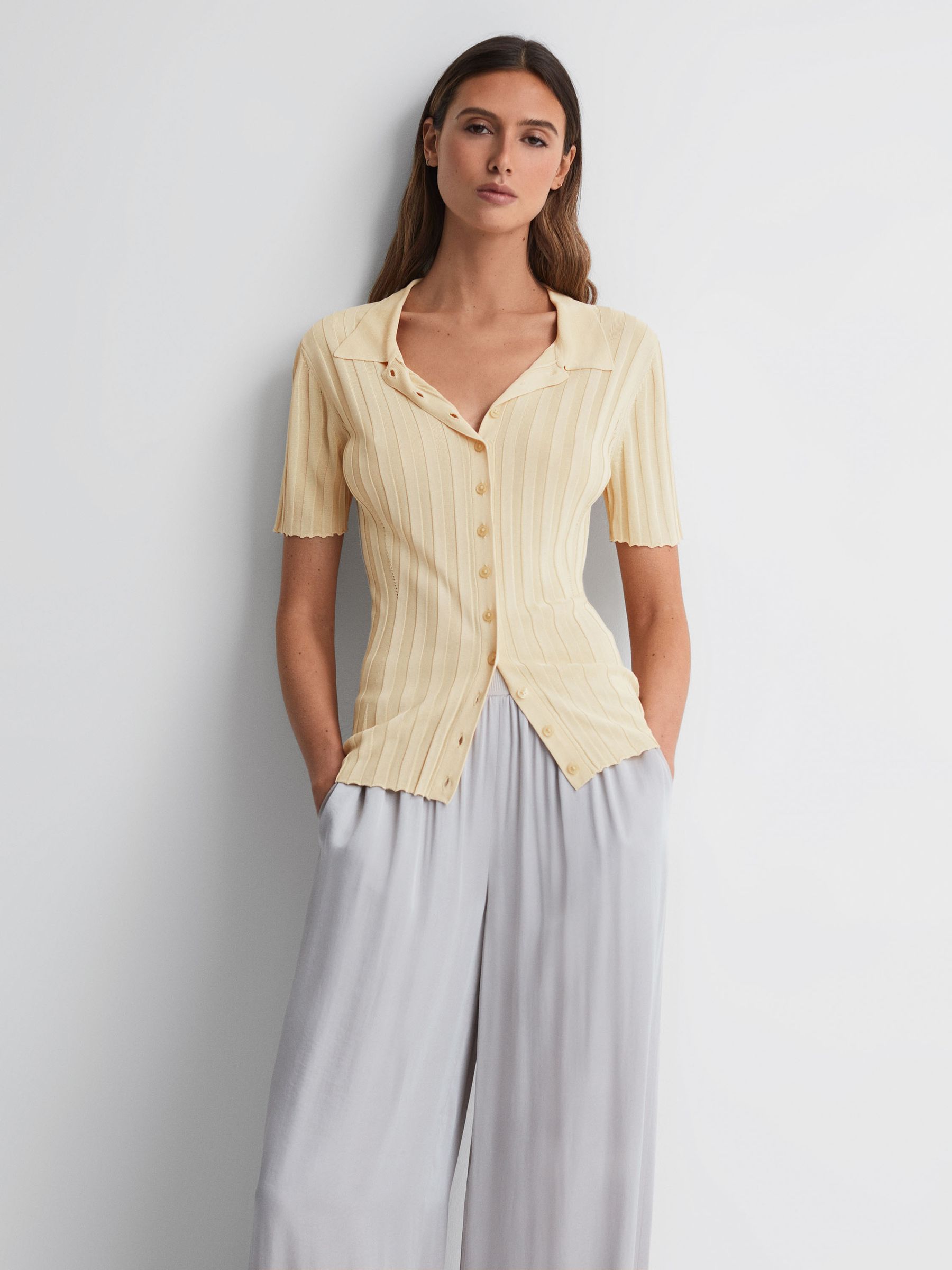 Fitted Striped Button Through T-Shirt in Lemon - Image 1 of 5