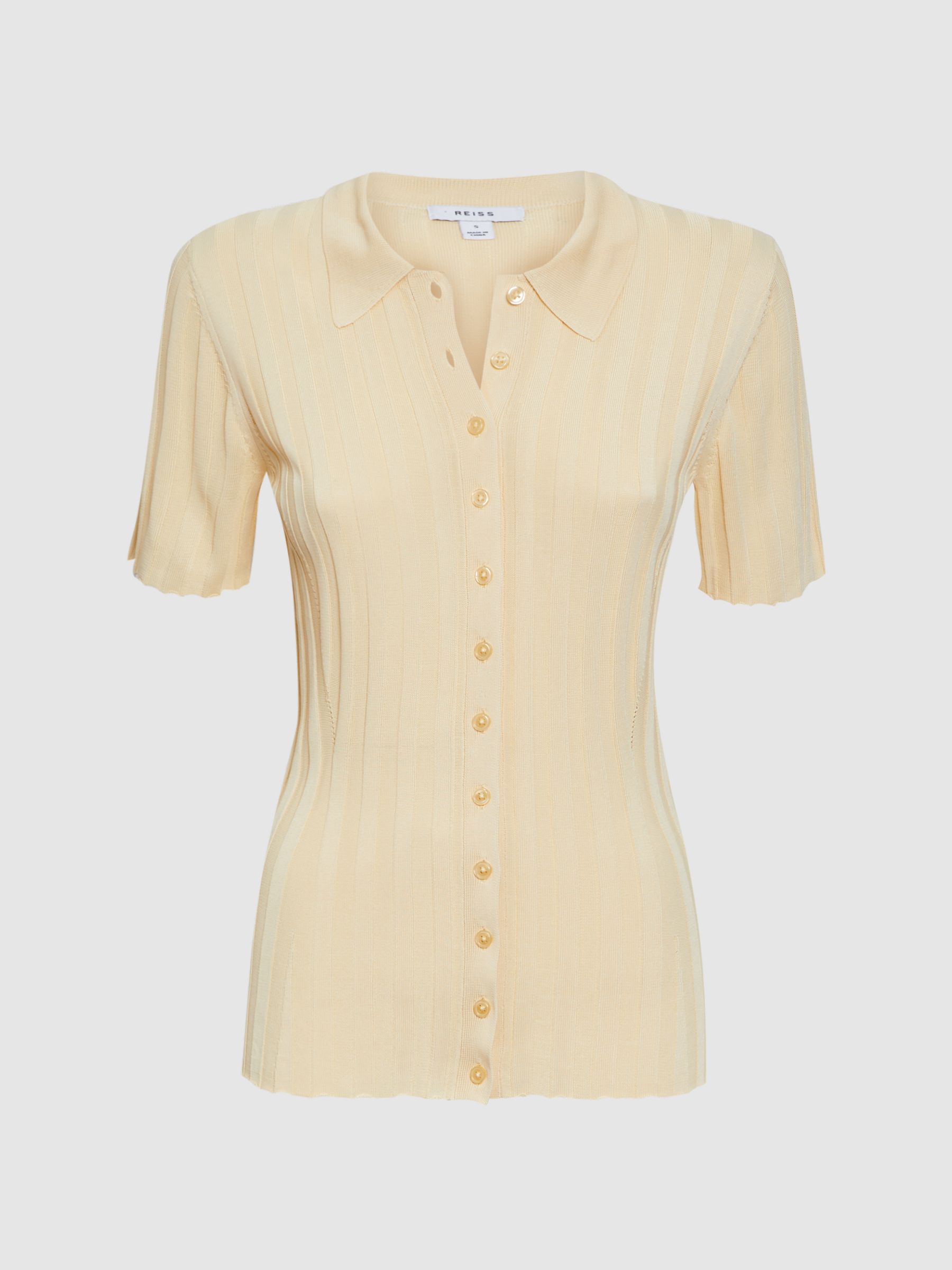 Fitted Striped Button Through T-Shirt in Lemon - Image 2 of 5