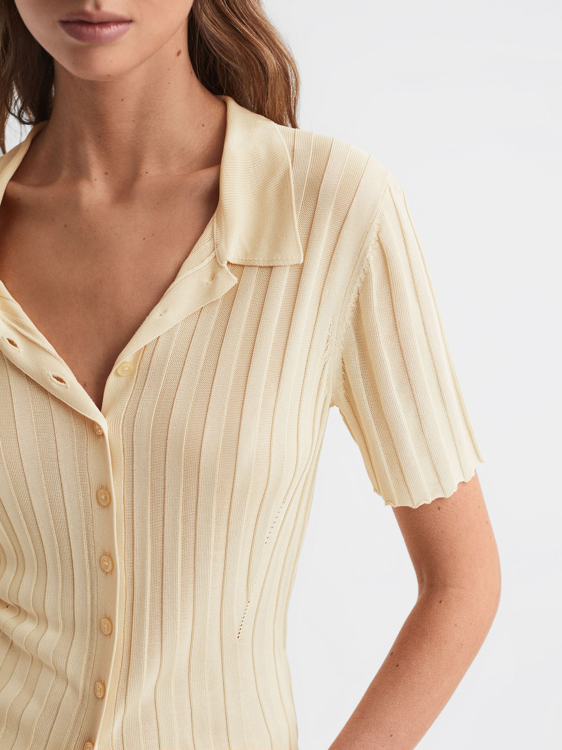 Fitted Striped Button Through T-Shirt in Lemon - Image 3 of 5