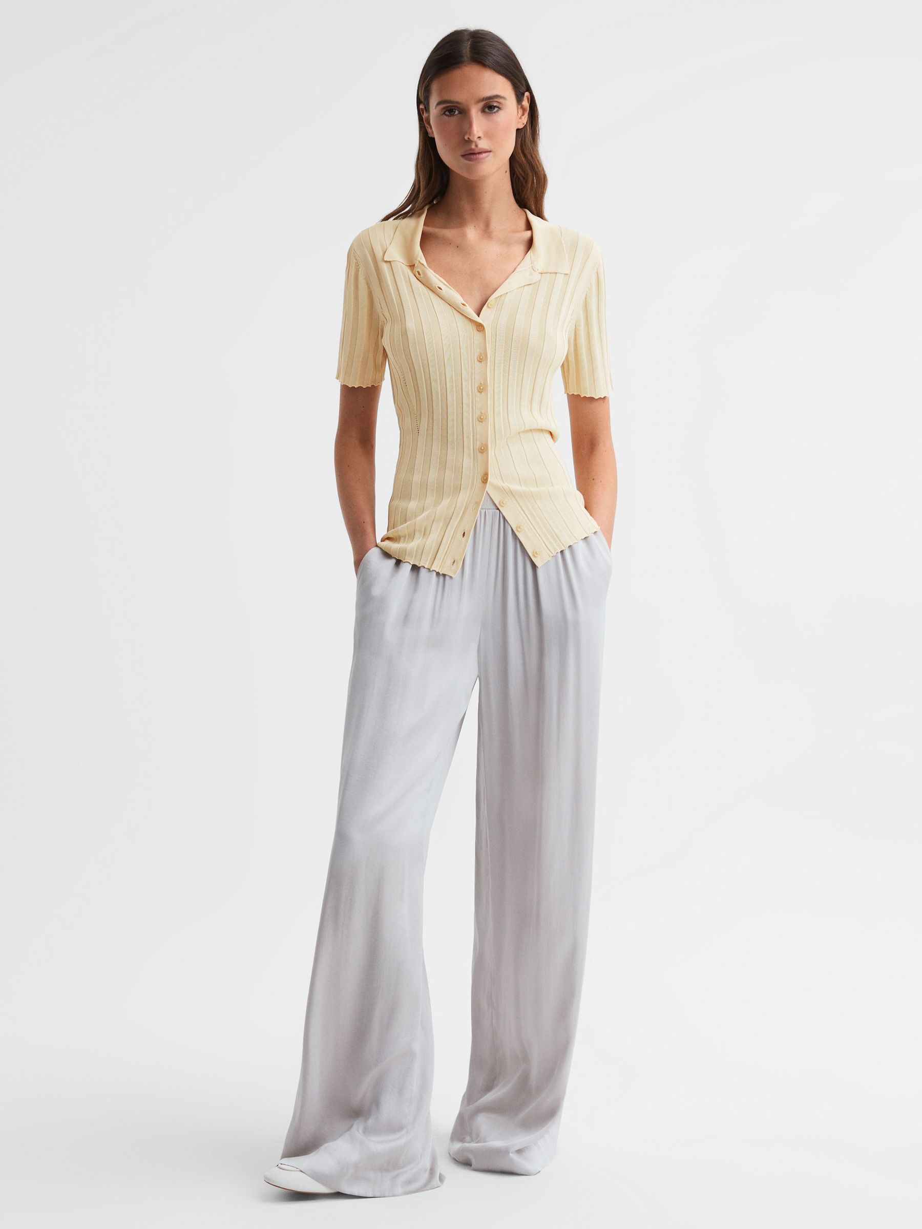Fitted Striped Button Through T-Shirt in Lemon - Image 4 of 5
