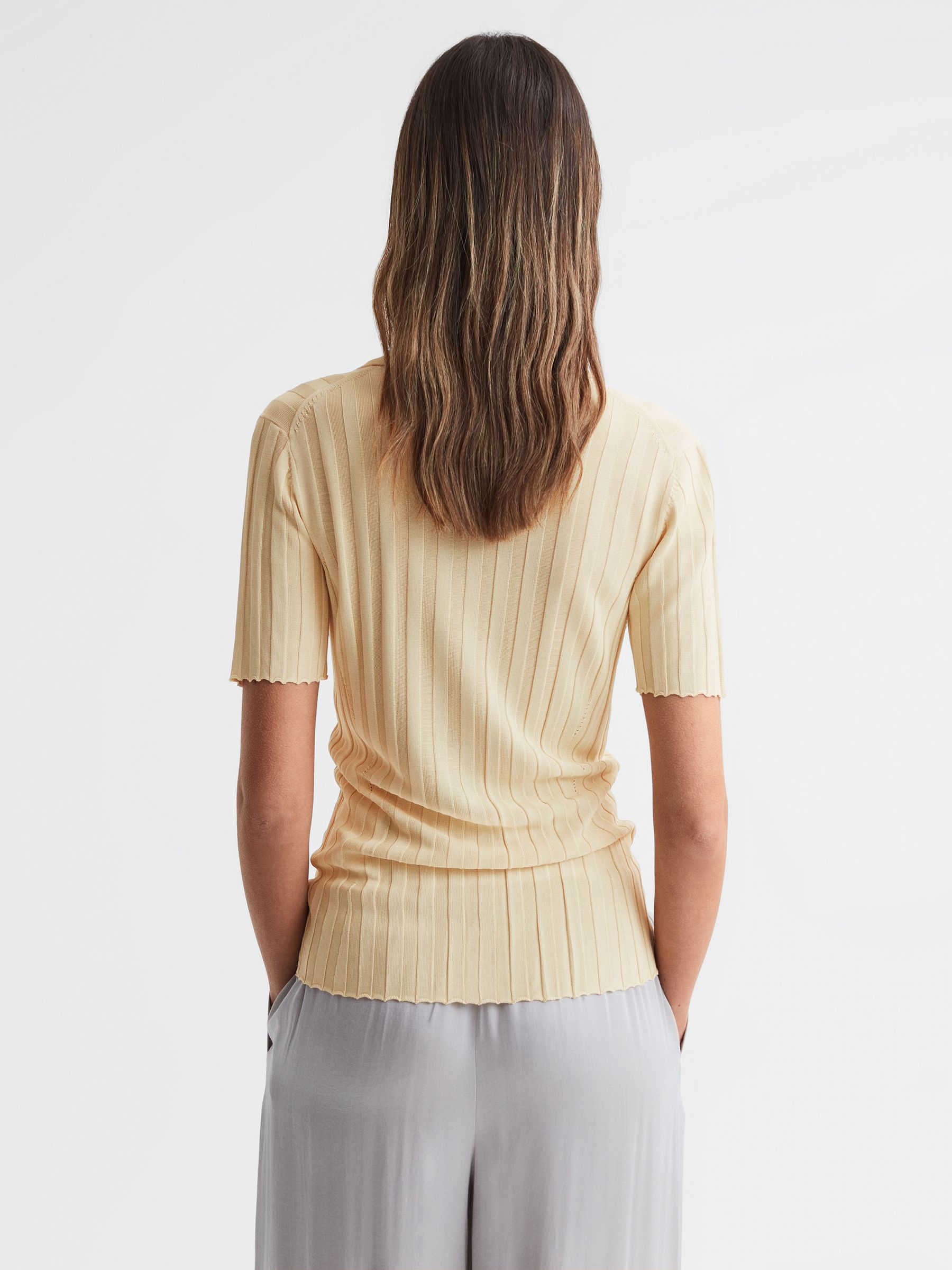 Fitted Striped Button Through T-Shirt in Lemon - Image 5 of 5