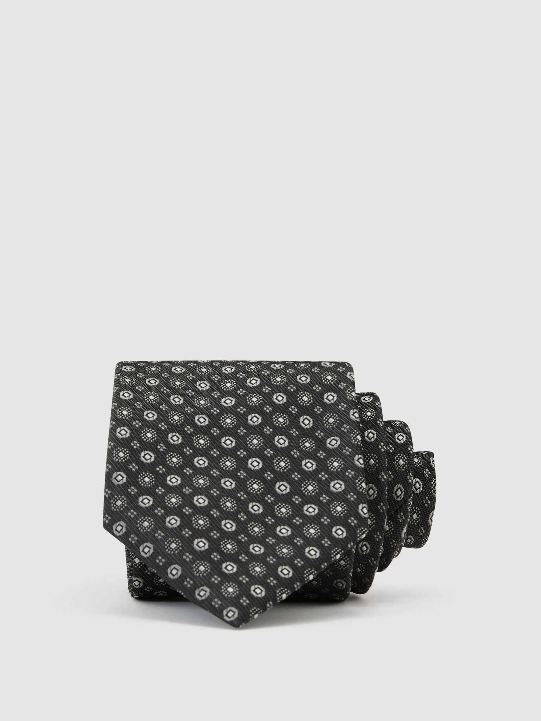 Silk-Blend Woven Micro Medallion Tie in Silver Grey - Image 1 of 5 Silk-Blend Woven Micro Medallion Tie in Silver Grey - Image 1 of 5