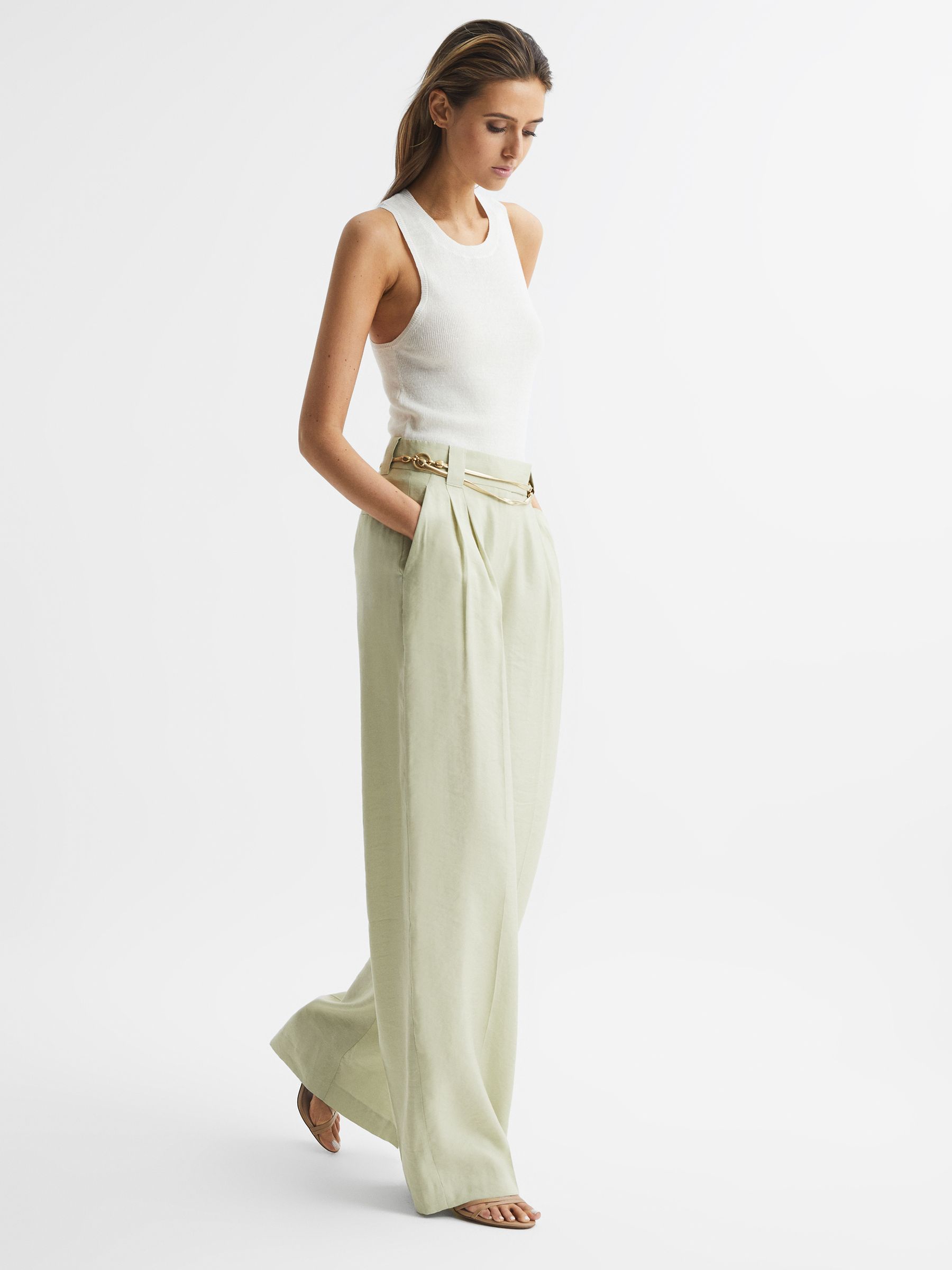 Wide Leg Occasion Trousers in Sage - Image 1 of 7