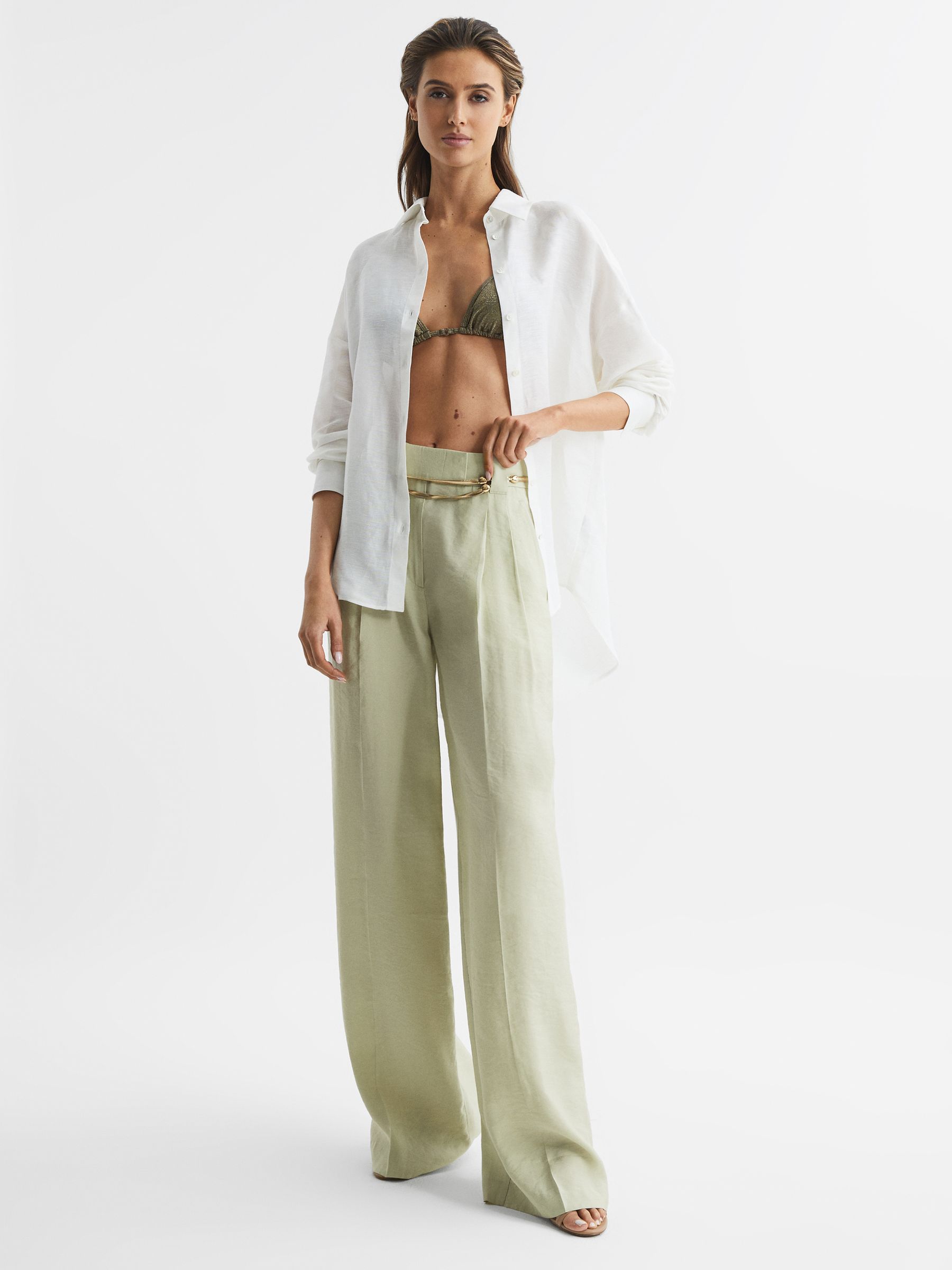 Wide Leg Occasion Trousers in Sage - Image 3 of 7