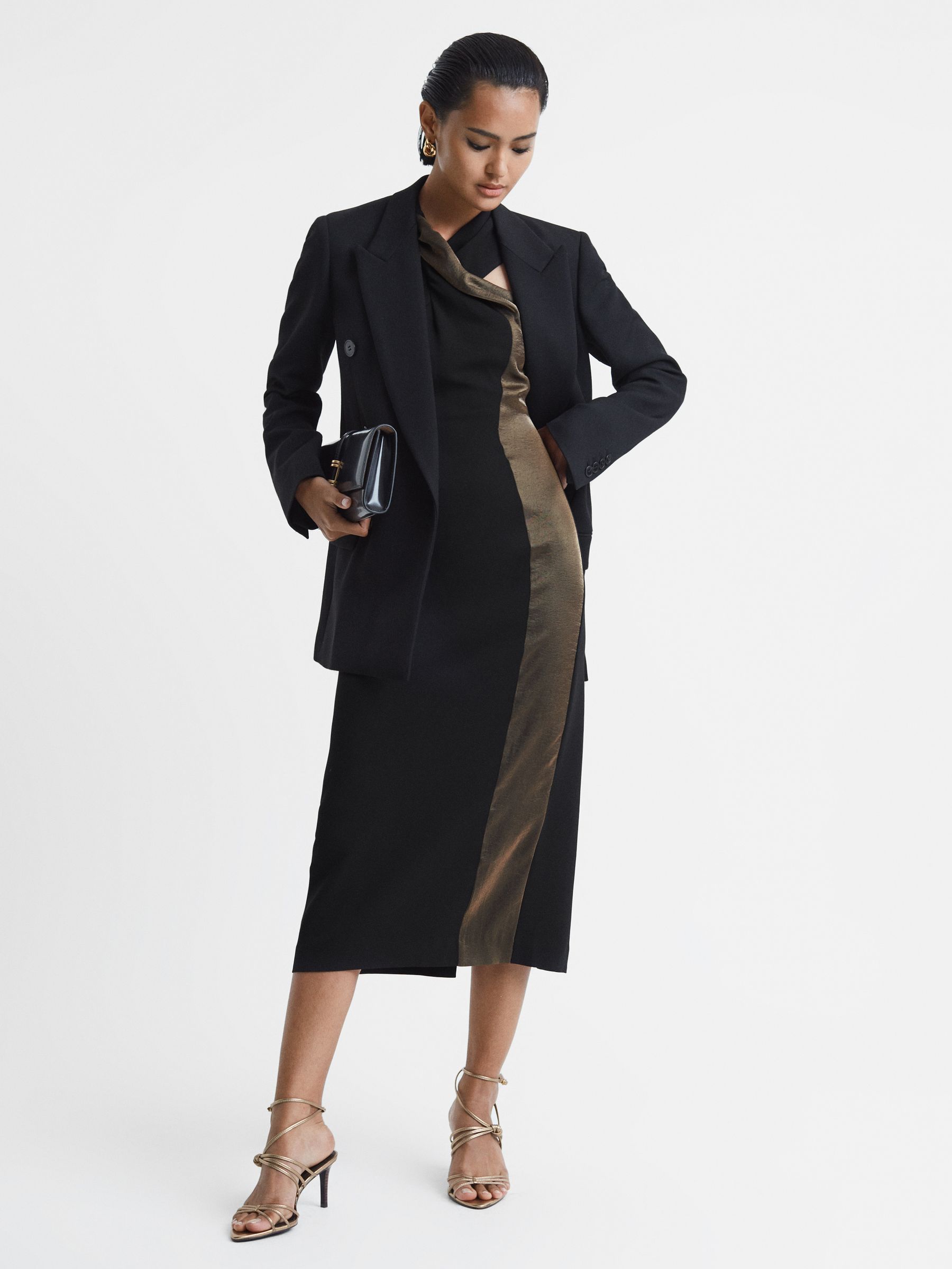 Metallic Stripe Bodycon Midi Dress in Black/Bronze - Image 3 of 5
