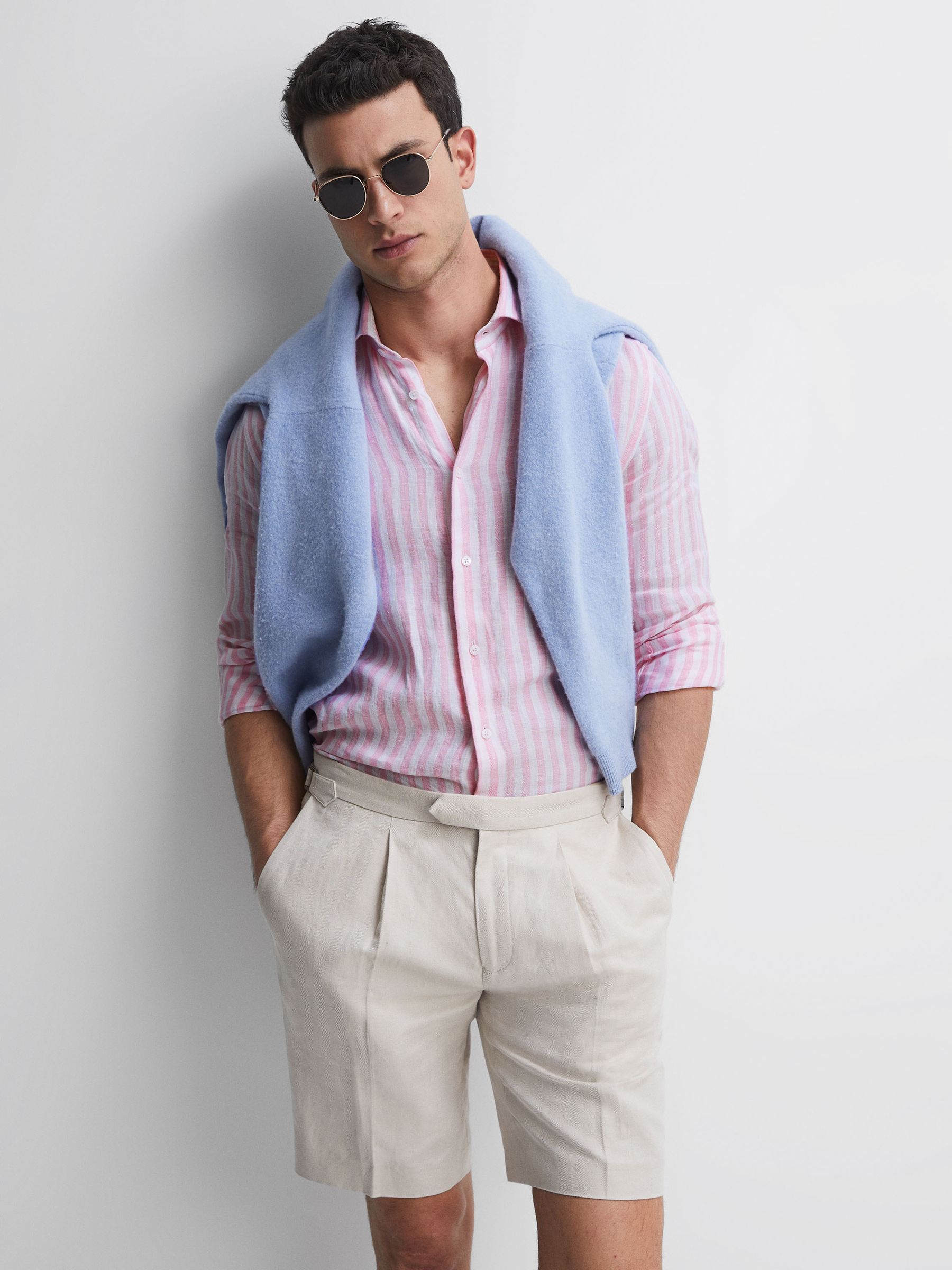 Linen Long Sleeve Shirt in Soft Pink Herringbone Stripe - Image 3 of 5