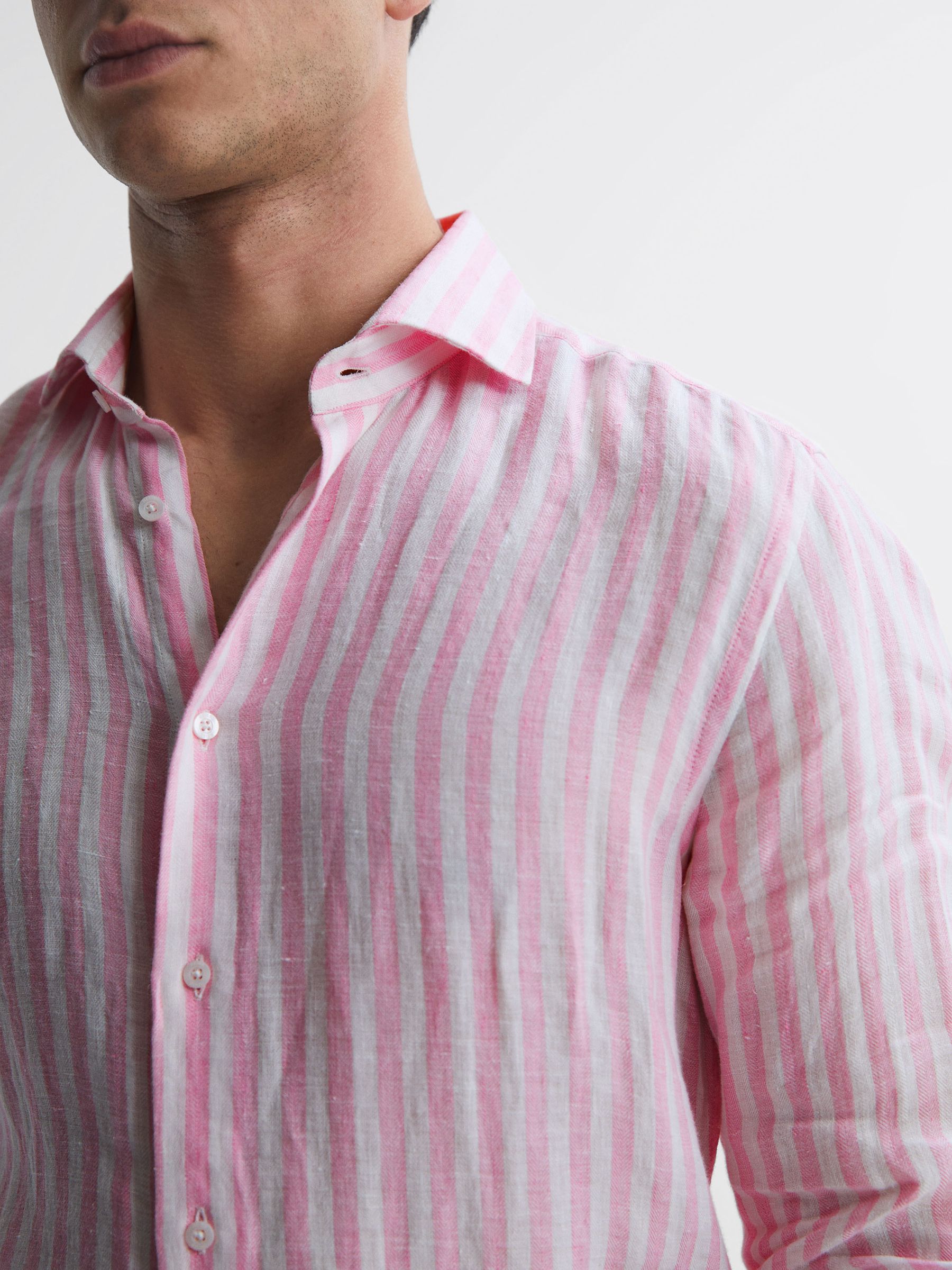 Linen Long Sleeve Shirt in Soft Pink Herringbone Stripe - Image 4 of 5