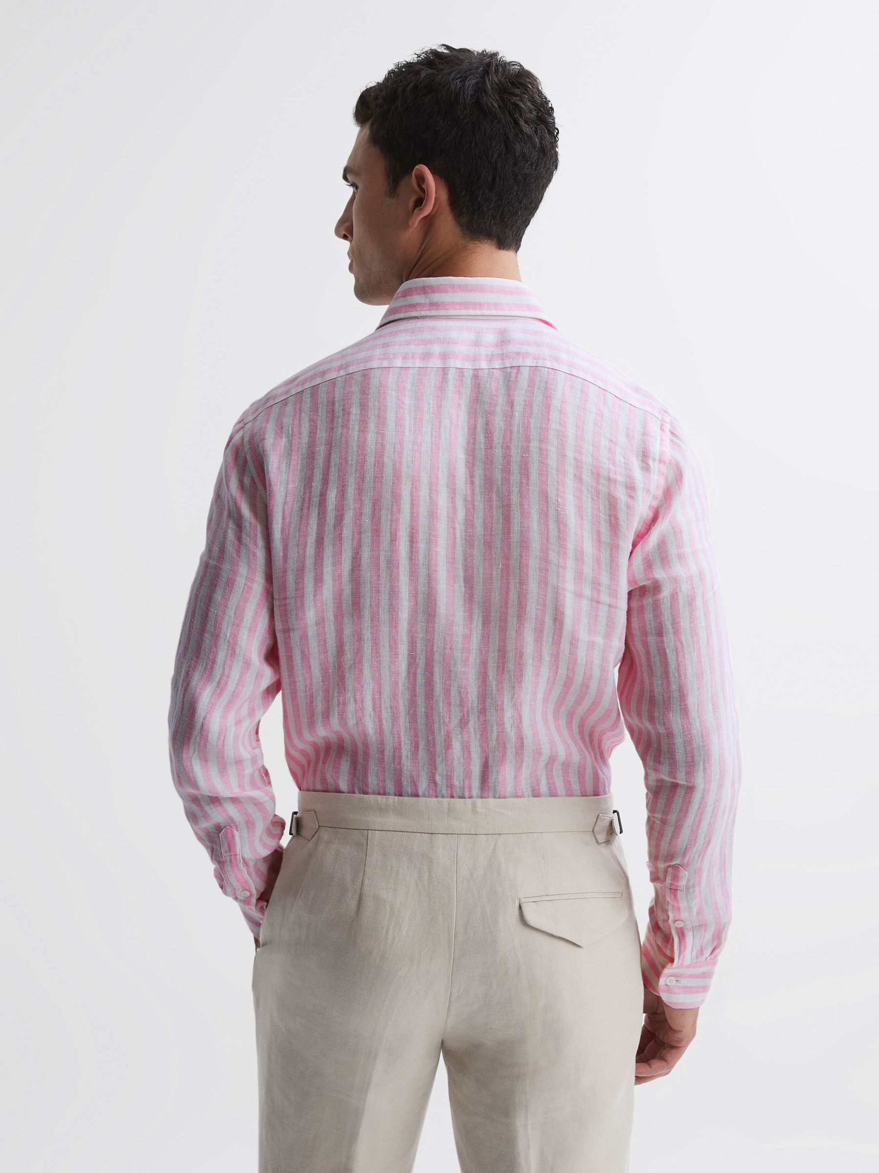Linen Long Sleeve Shirt in Soft Pink Herringbone Stripe - Image 5 of 5