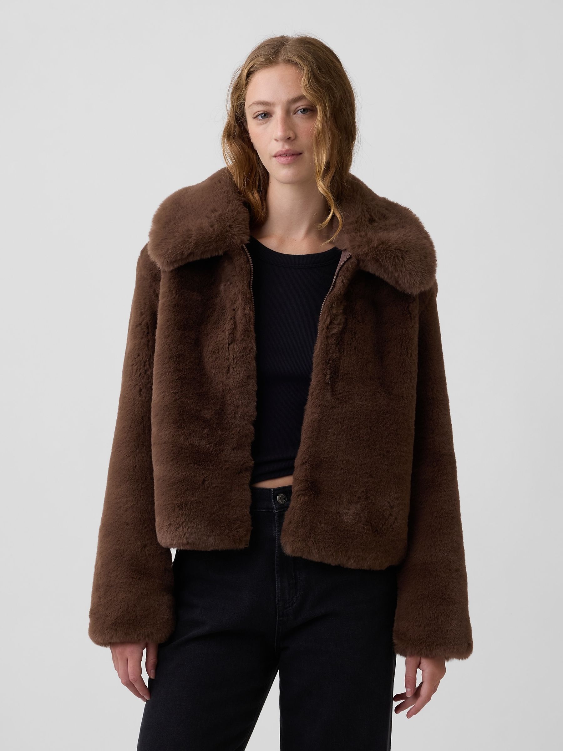 Brown Relaxed Faux-Fur Jacket - Image 1 of 5