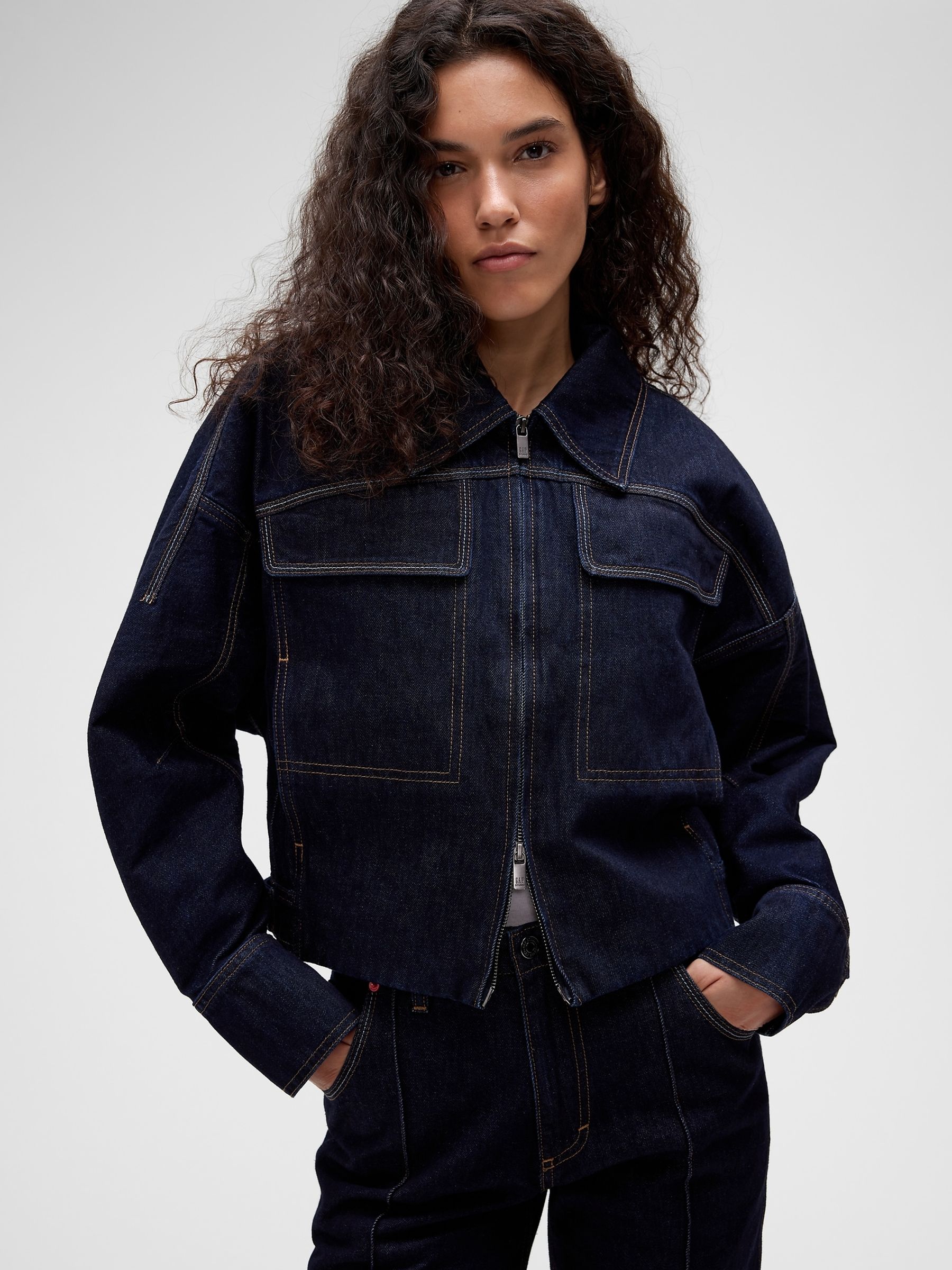 GapStudio Dark Wash Double-Pocket Denim Jacket - Image 1 of 9