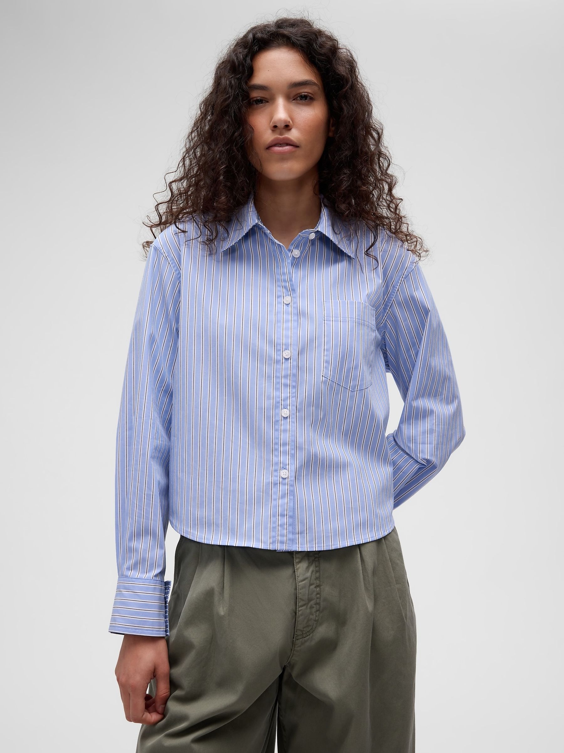 GapStudio Blue Stripe Poplin Crop Shirt - Image 1 of 9