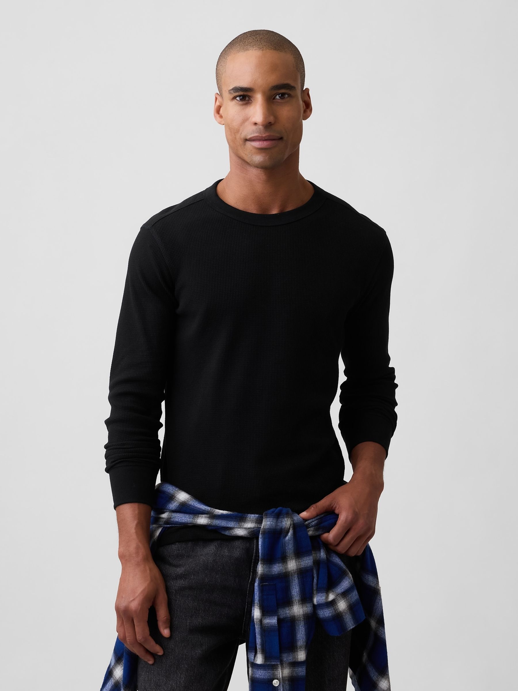 Black Waffle Knit Long Sleeve T-Shirt - Image 1 of 5 Black Waffle Knit Long Sleeve T-Shirt - Image 1 of 5