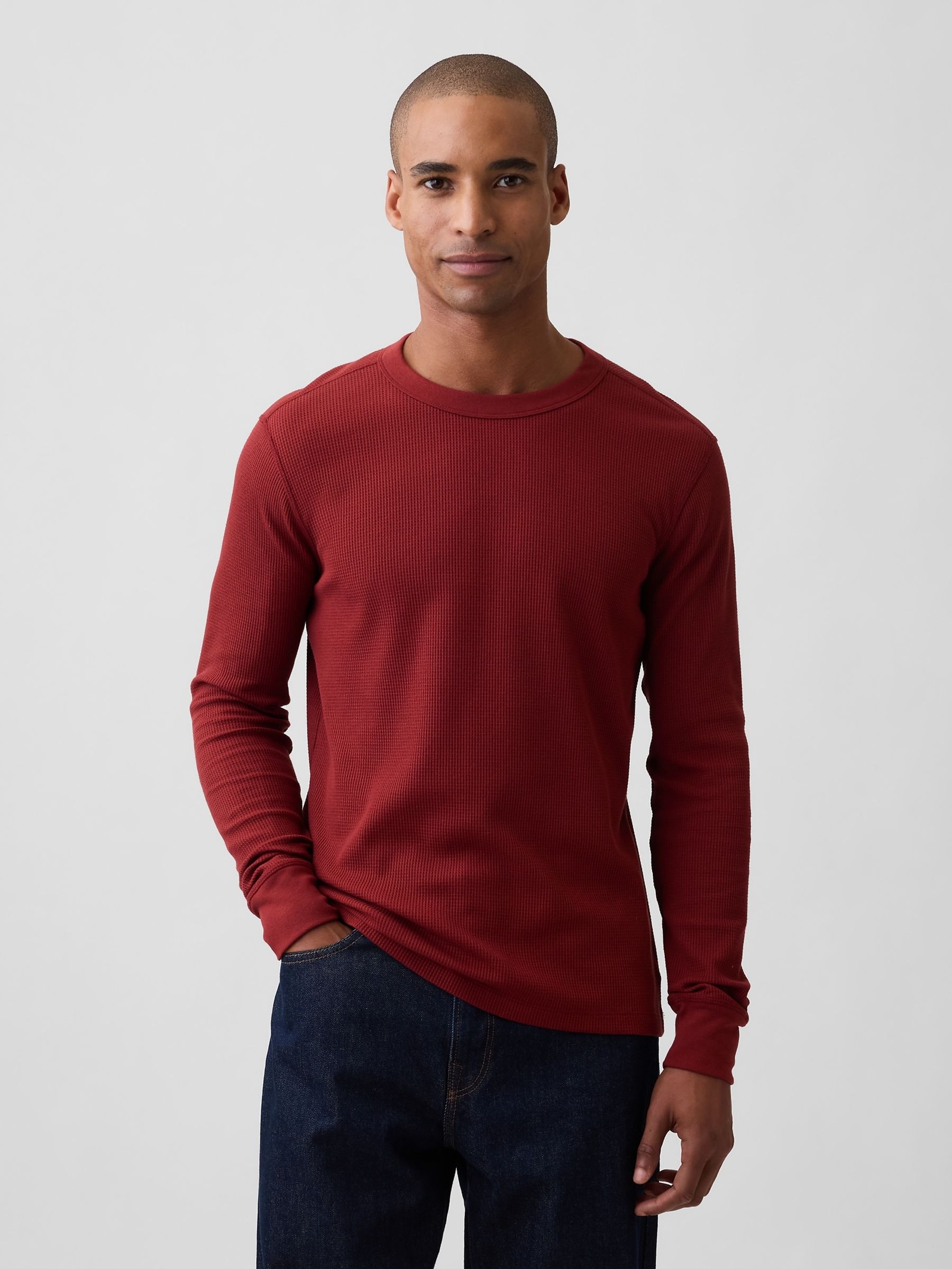 Dark Red Waffle Knit Long Sleeve T-Shirt - Image 1 of 5